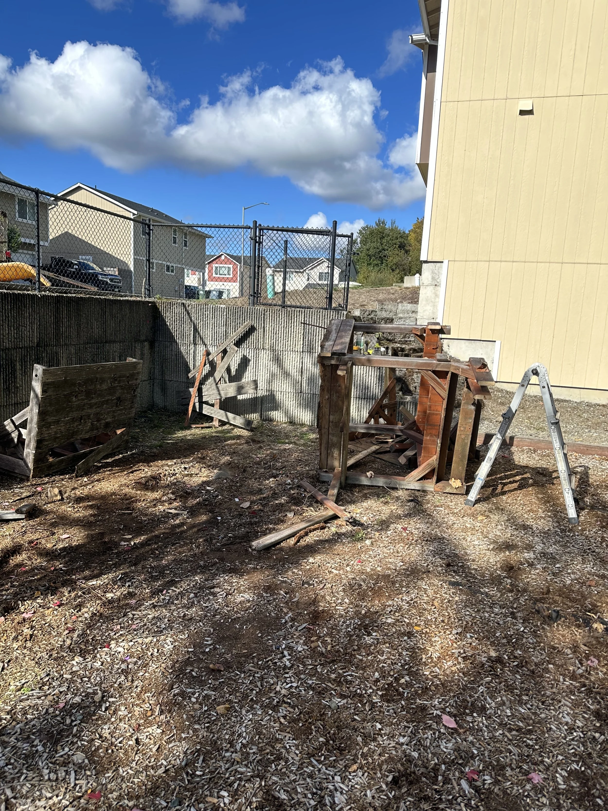 During tear-out — Final frame sections coming down, Tacoma WA.