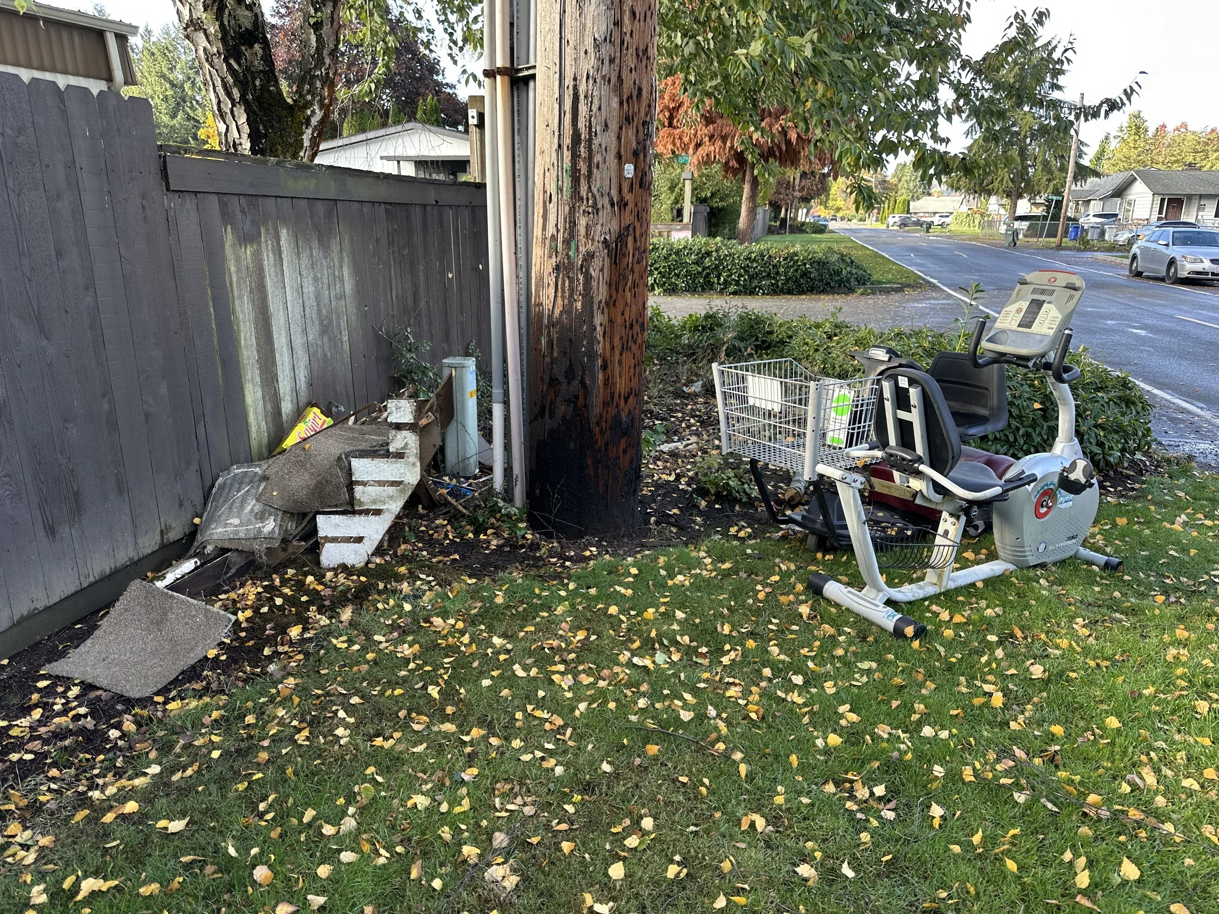Before — exercise bike and debris left on the grass at the edge of the park.
