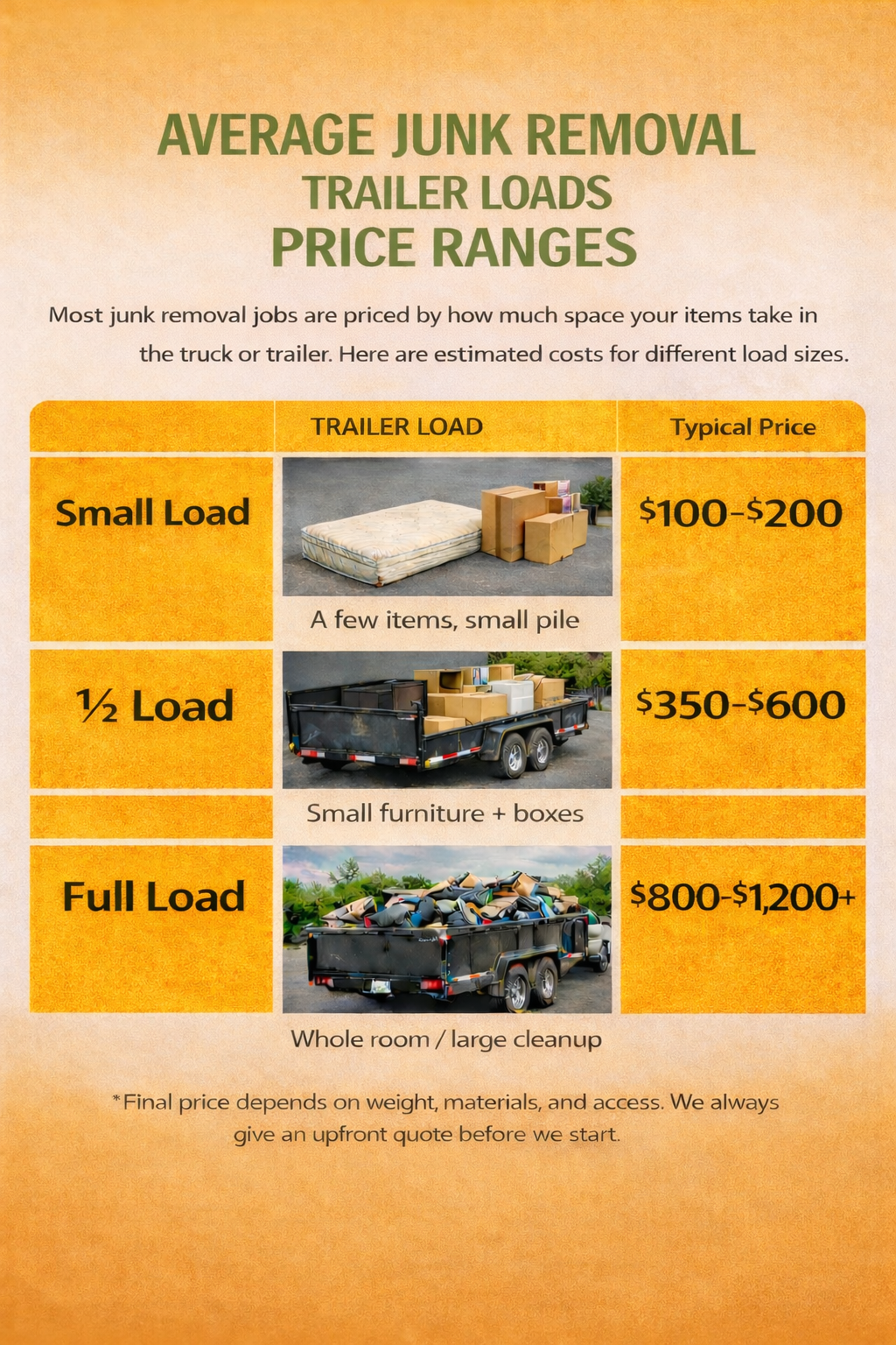 Junk removal trailer load pricing chart showing small load, half load, and full load price ranges in Pierce County, Washington.