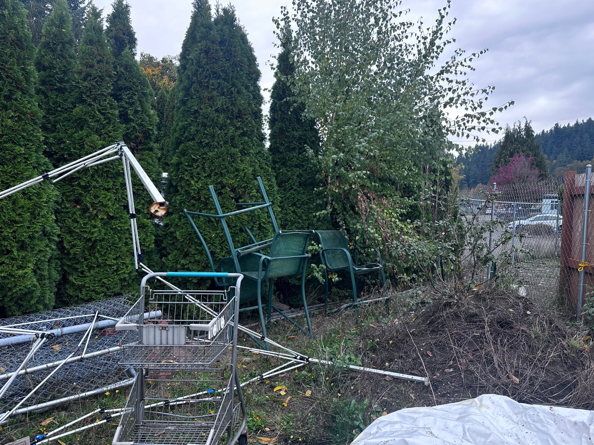 BEFORE — Boxes, appliances, toys, and scrap piled in the back lot.