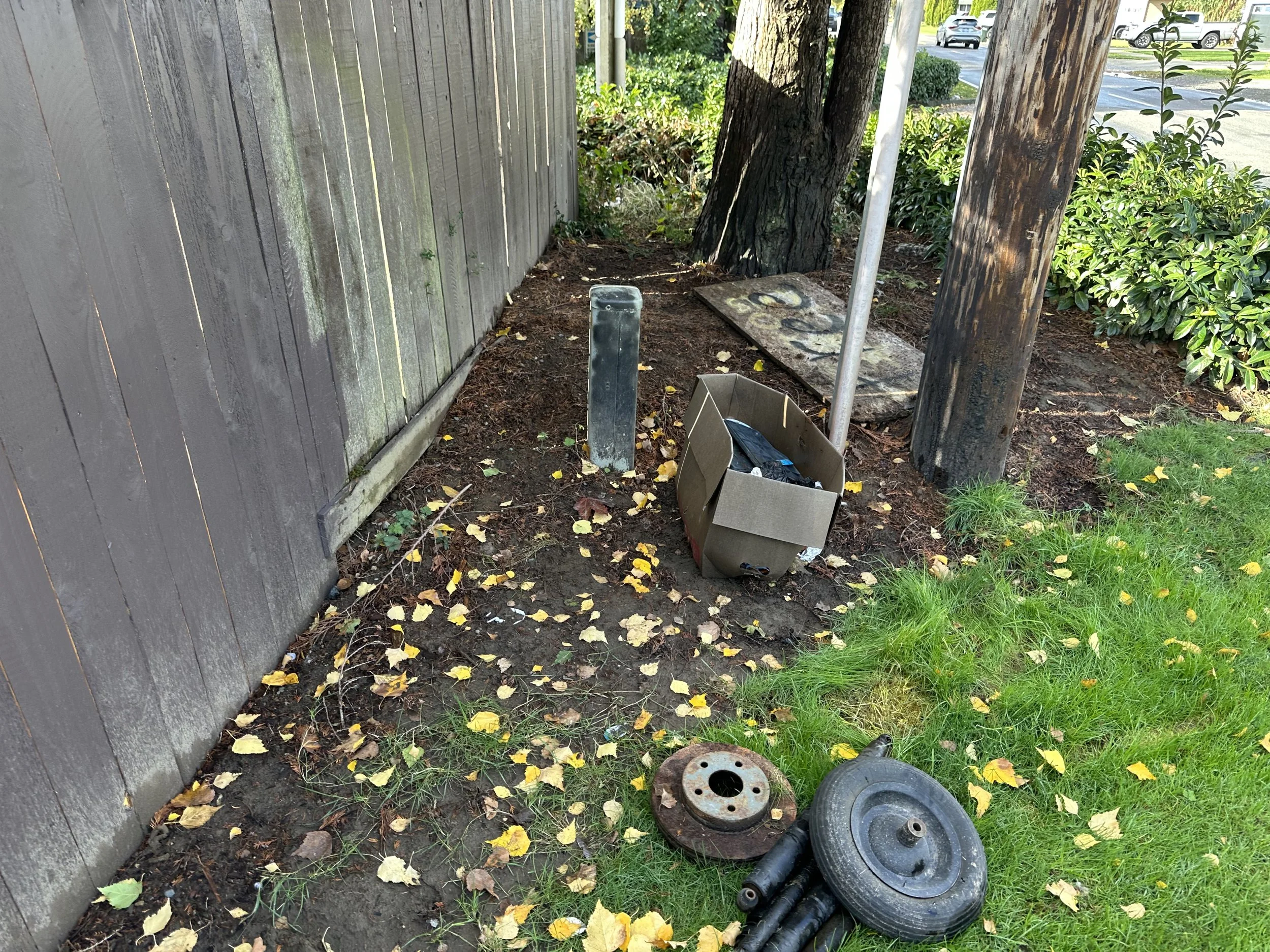 Before — tires, shocks, and trash dumped along the roadside edge.