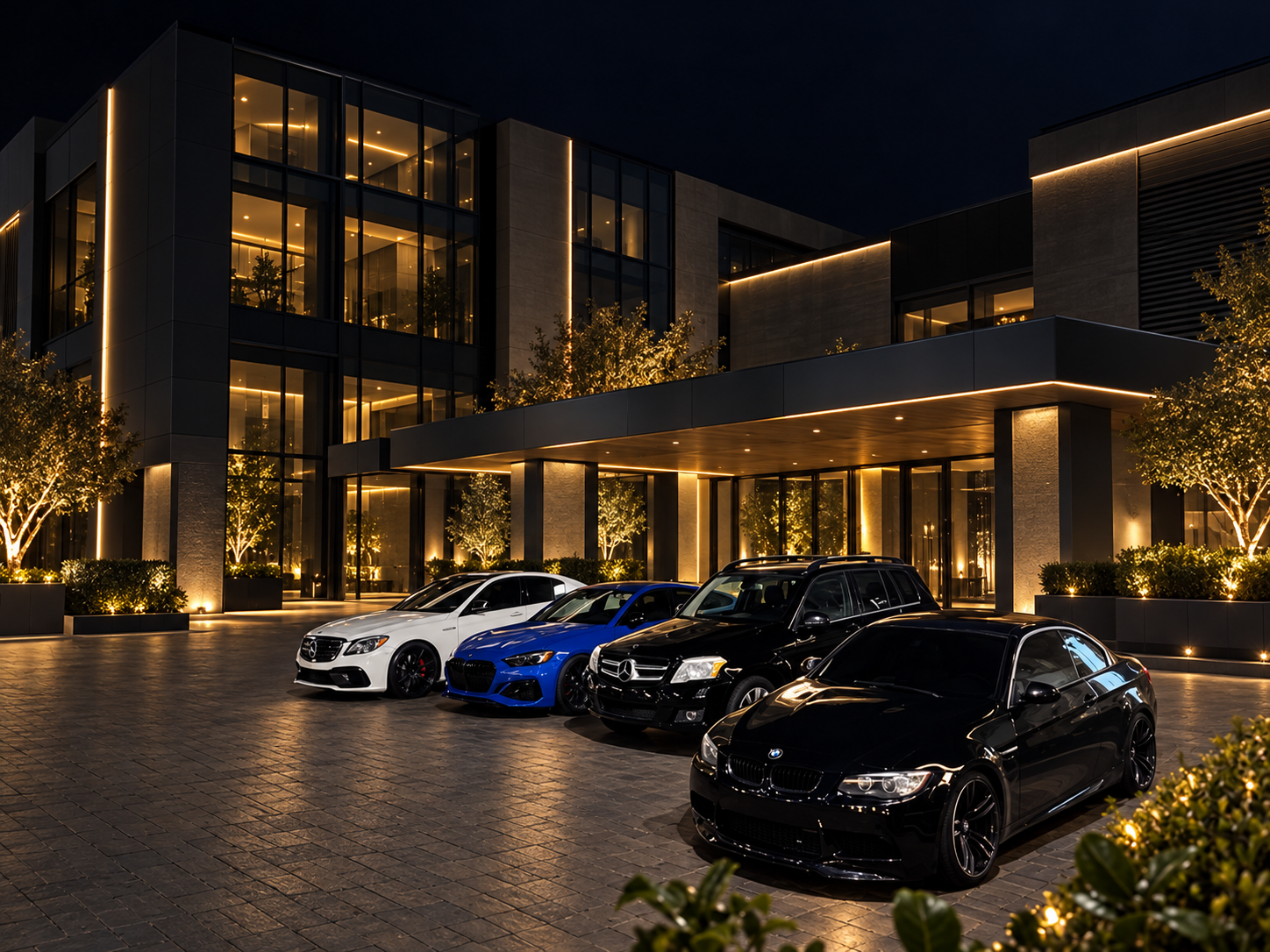 Black and blue BMW performance coupes parked outside a sleek modern building at night, with warm architectural lighting highlighting their bodywork against a dark urban backdrop.