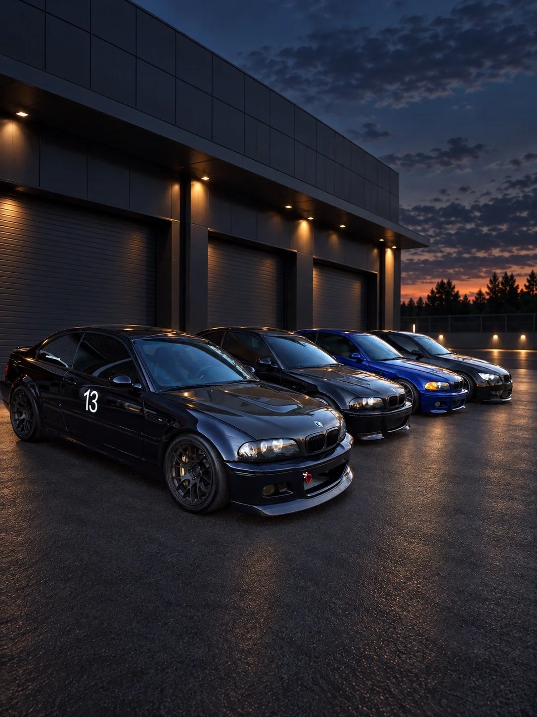 Four BMW M3 coupes lined up outside a modern charcoal garage at dusk, led by a black E46 M3 with number 13, dark wheels, and a red tow hook. Warm architectural lighting reflects across the pavement beneath a dramatic evening sky.
