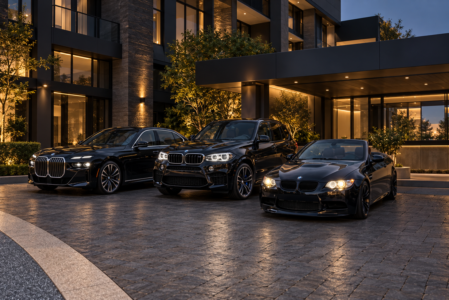 Three BMWs outside a modern charcoal building.png