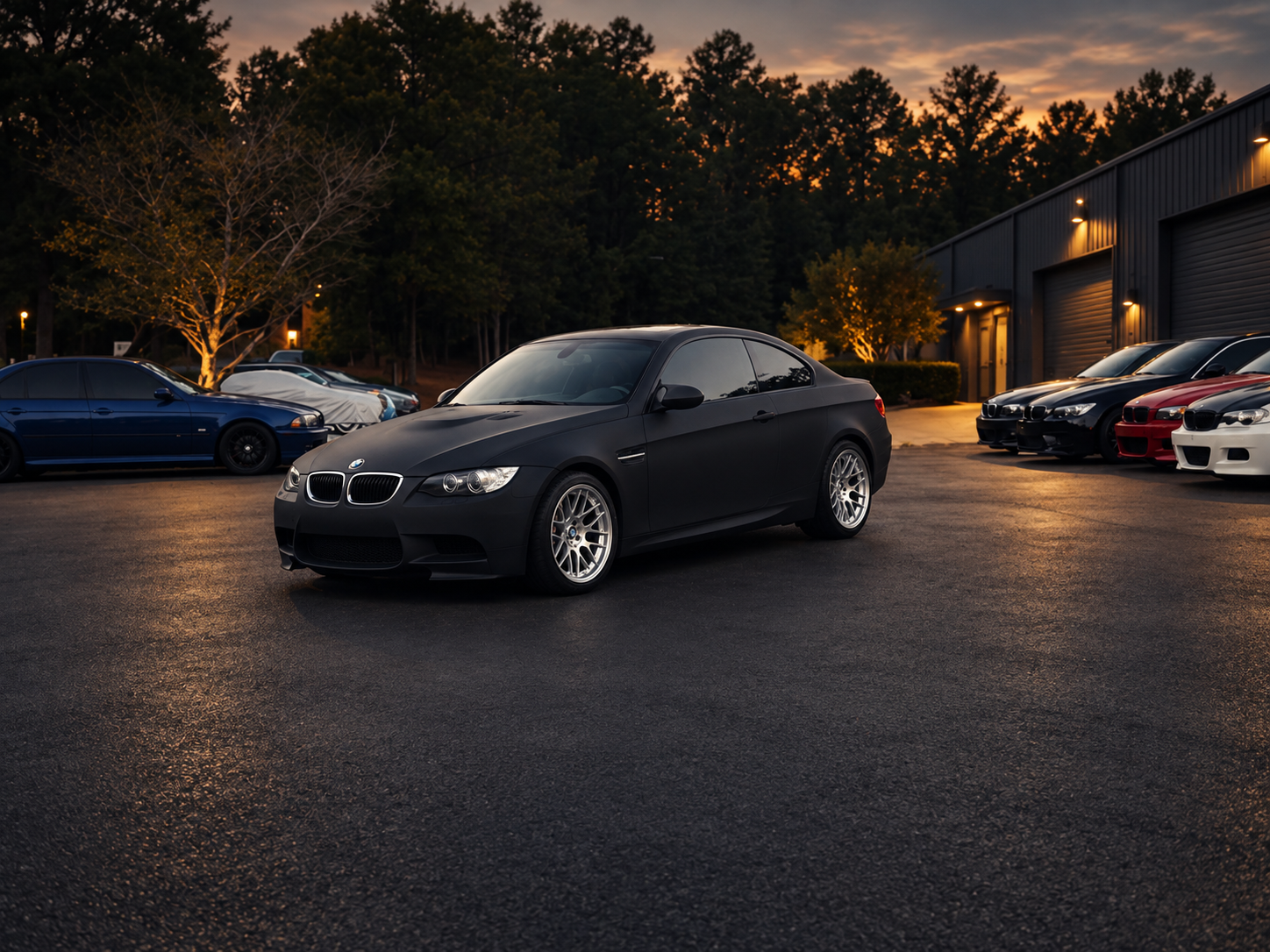 A parking lot with several cars parked, including a gray BMW convertible in the foreground, a blue car and a white car behind it, and a black and red car on the right. There are trees and a building with a white exterior in the background.