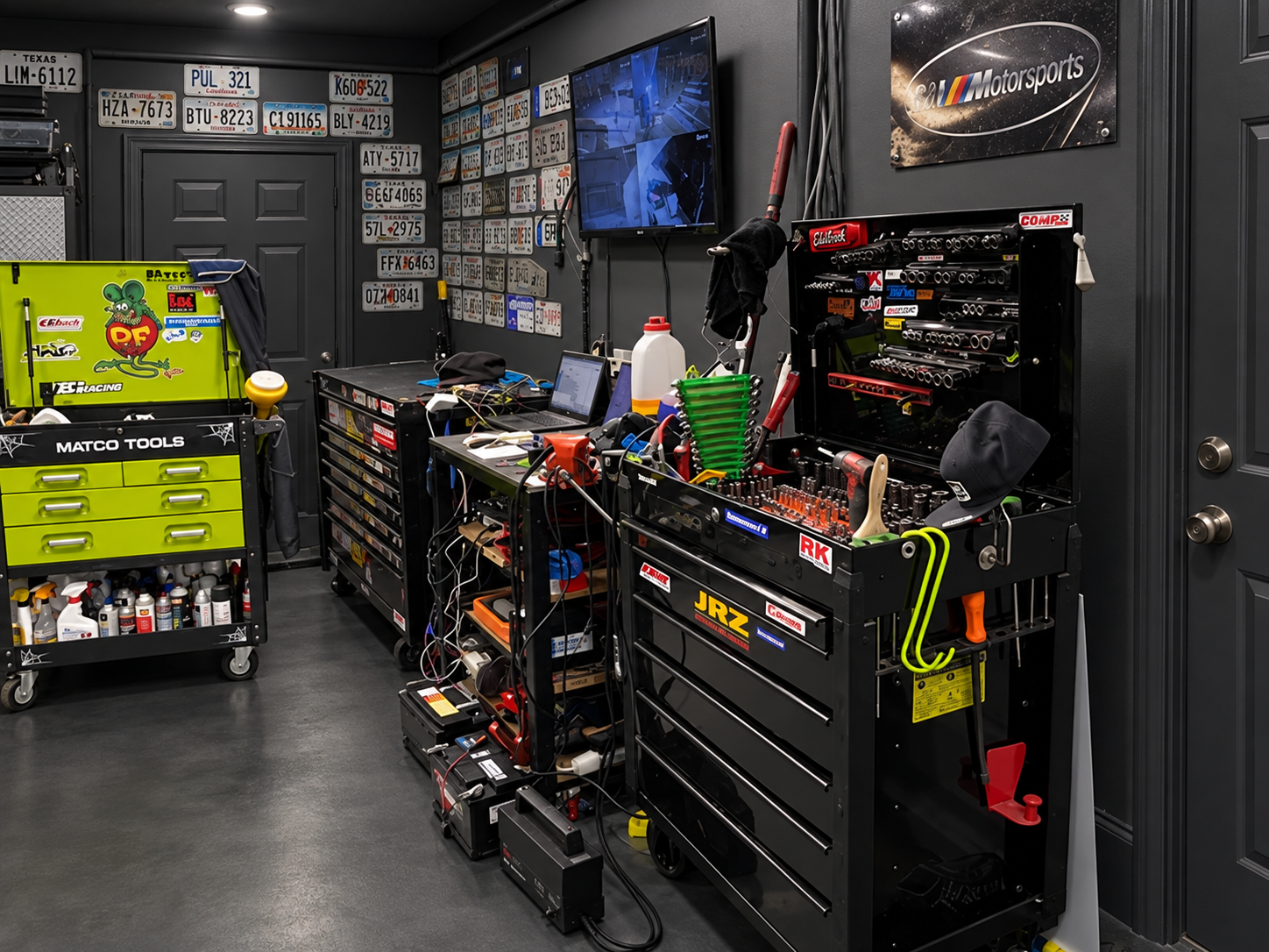 A garage workbench with tool organizers, a laptop, and various tools and supplies. The wall features license plates and a TV. There is a green toolbox on the left and a black tool chest on the right, filled with tools and equipment.