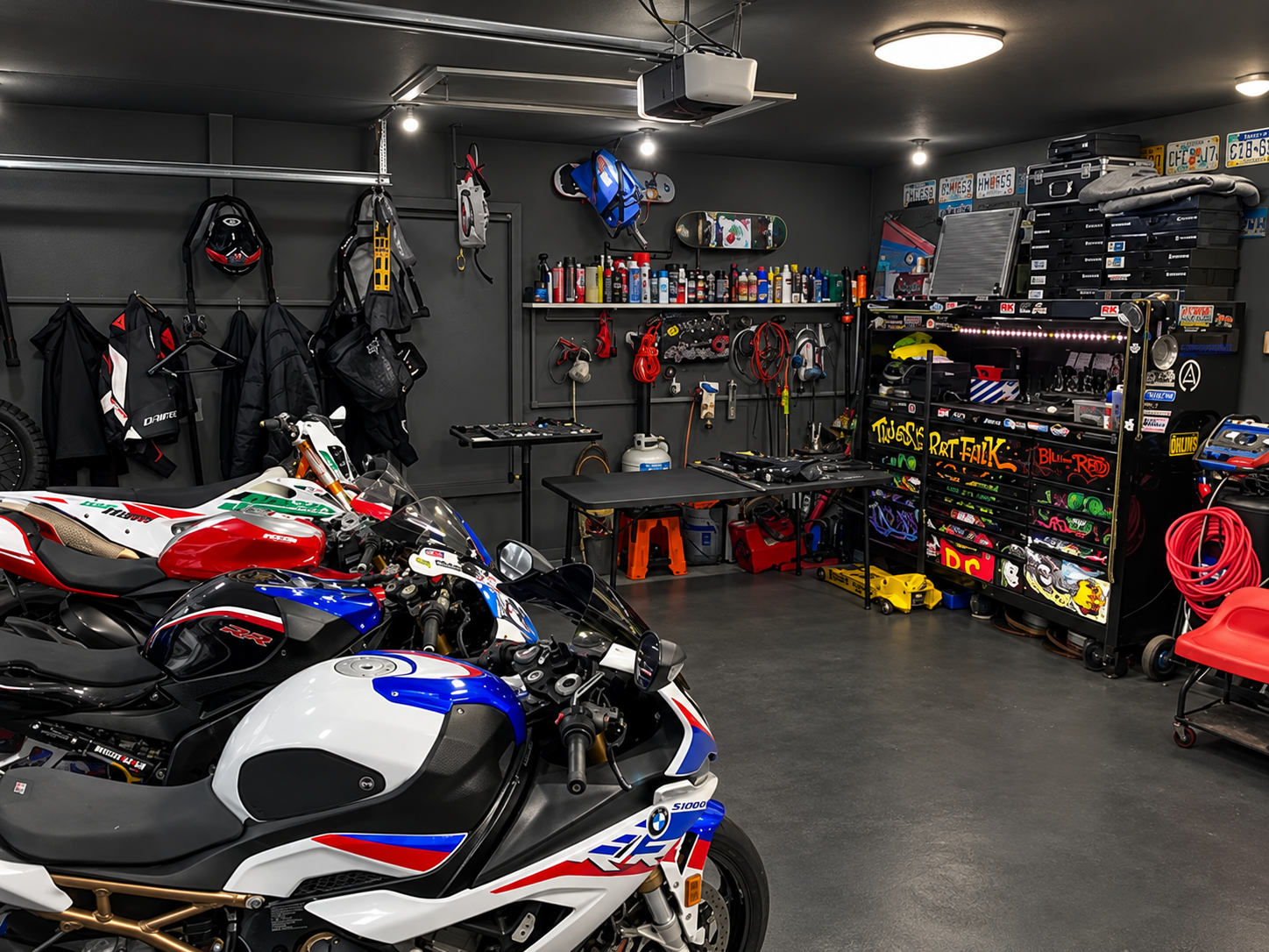 Garage with three sport motorcycles, storage shelves, tools, safety gear, and car parts.