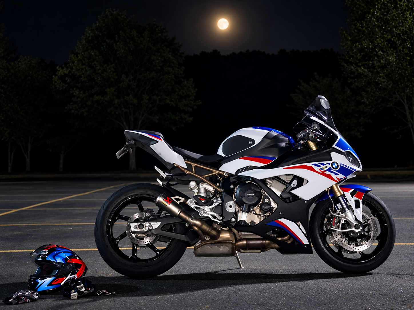 A BMW sport motorcycle photographed from its right side in a parking lot at night, wearing white, blue, and red BMW Motorsport livery. Visible details include carbon-fiber body panels, an exposed bronze-colored frame, gold front forks, black wheels, 
