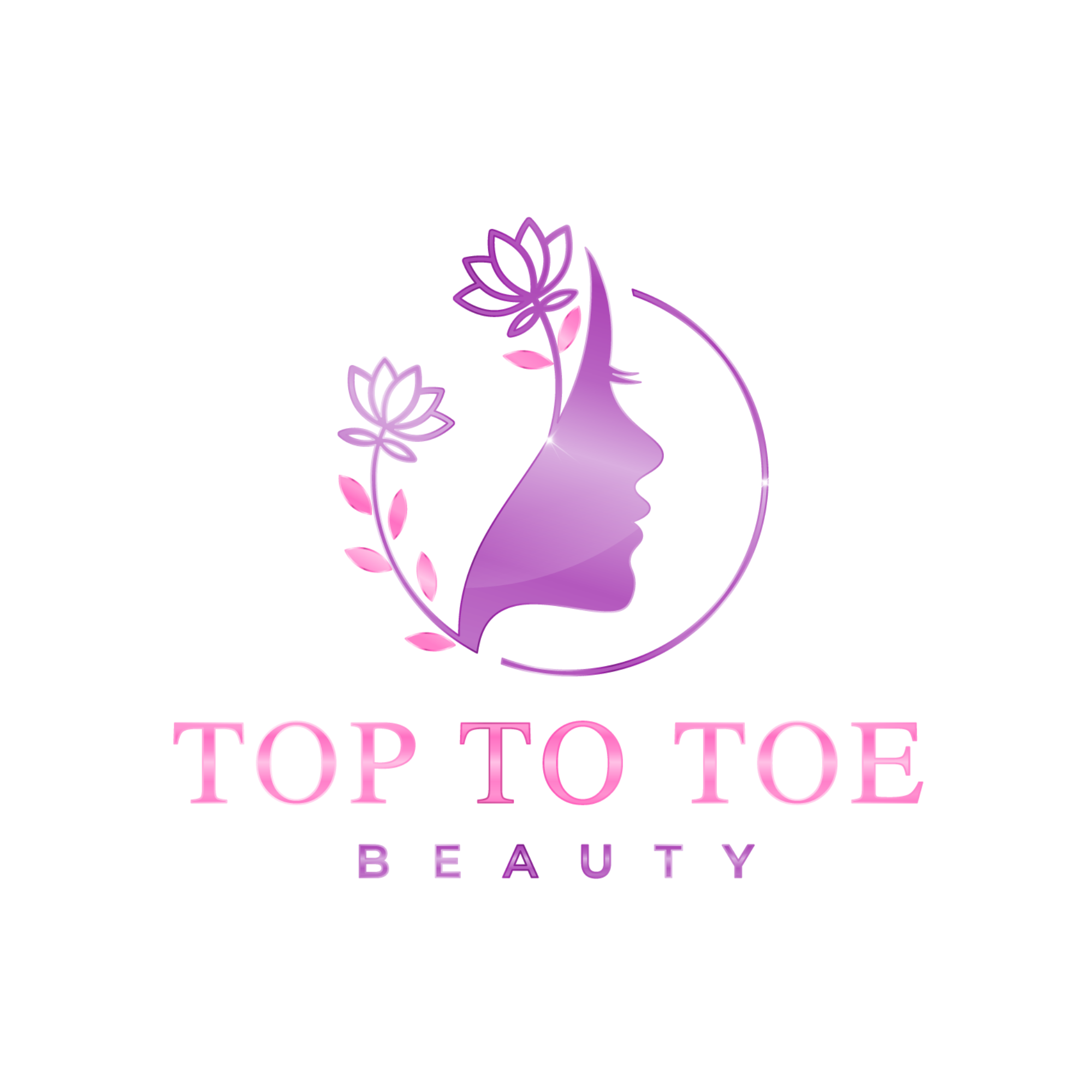 Logo for Top to Toe Beauty featuring a purple silhouette of a woman's face with floral accents and the company name in pink and purple text.