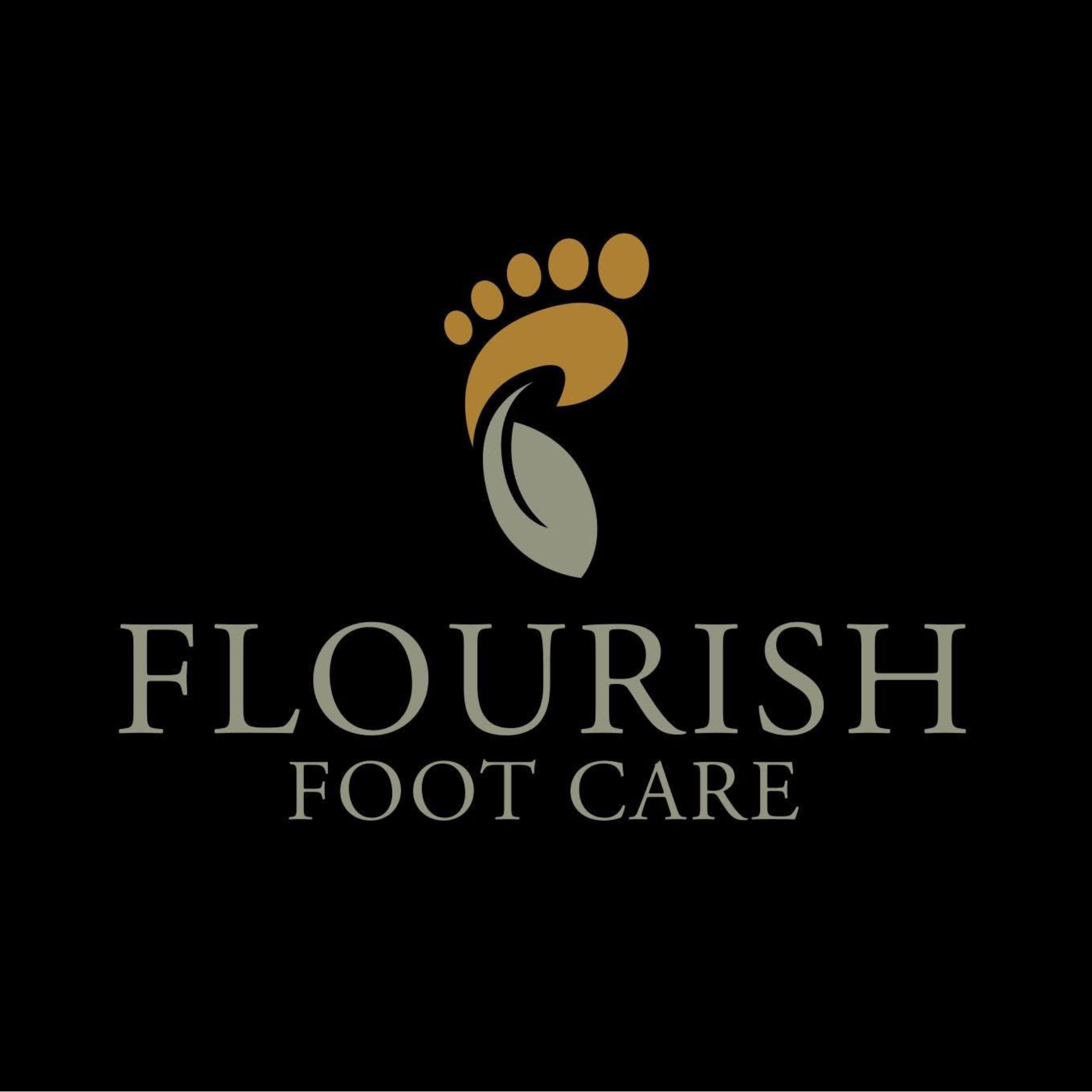 Flourish foot care logo, black with a orange foot and grey leaf with grey writing underneath "flourish foot care"