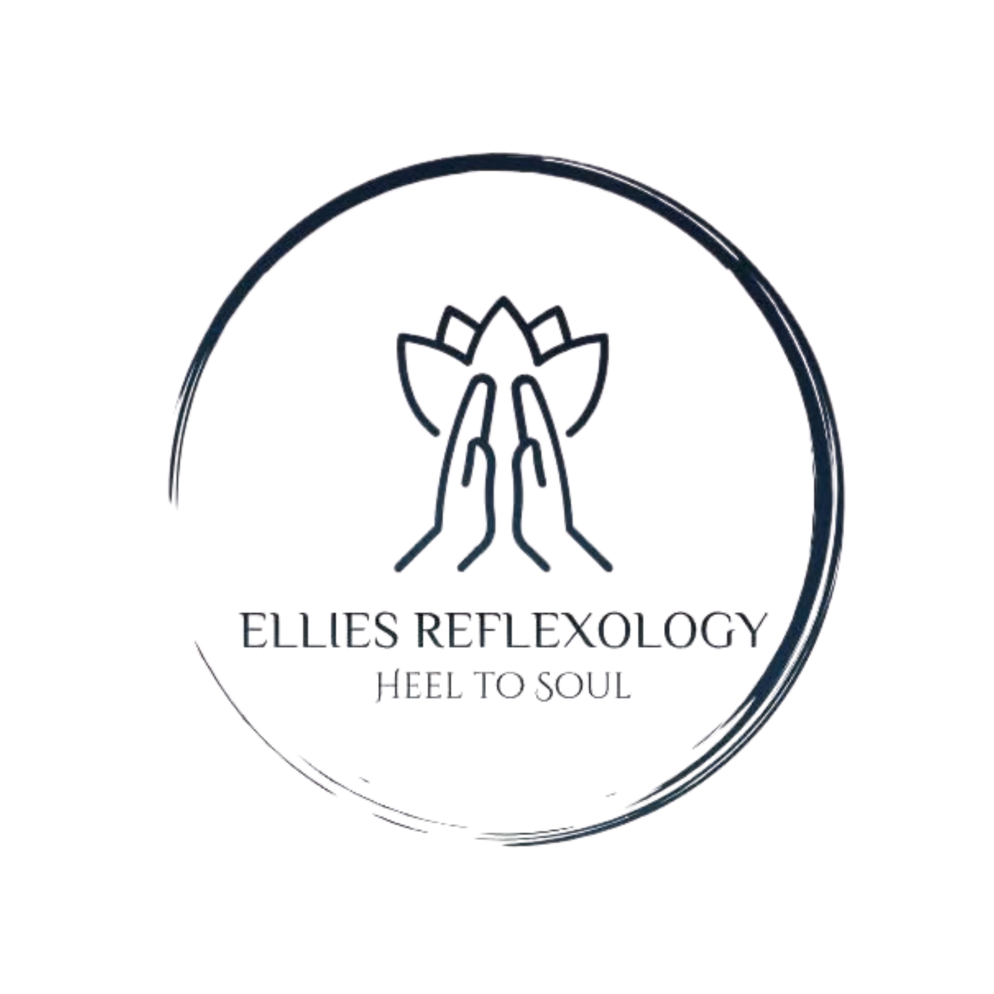 black logo, circle with prayer hands and Ellies reflexology heel to soul underneath