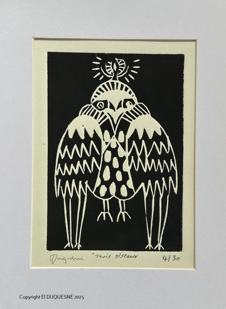 REF LINO 01/2025
"Trois oiseaux"
24 x 18 cm (9.44 x 7.08 inches)
Linogravure  originale
Prix : 45 €