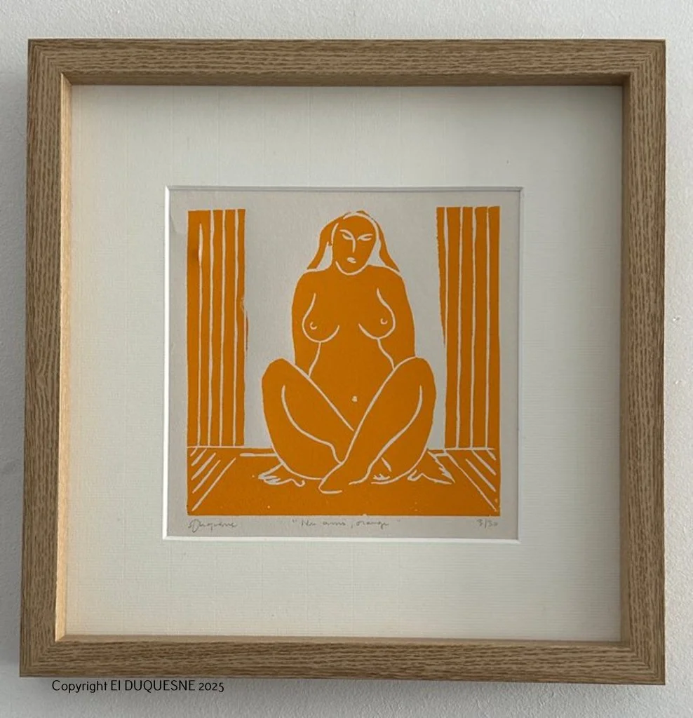 "Nu assis, orange" gravure originale
20 x 20 cm sur papier Fabriano 
Edition limitée à 30 exemplaires
