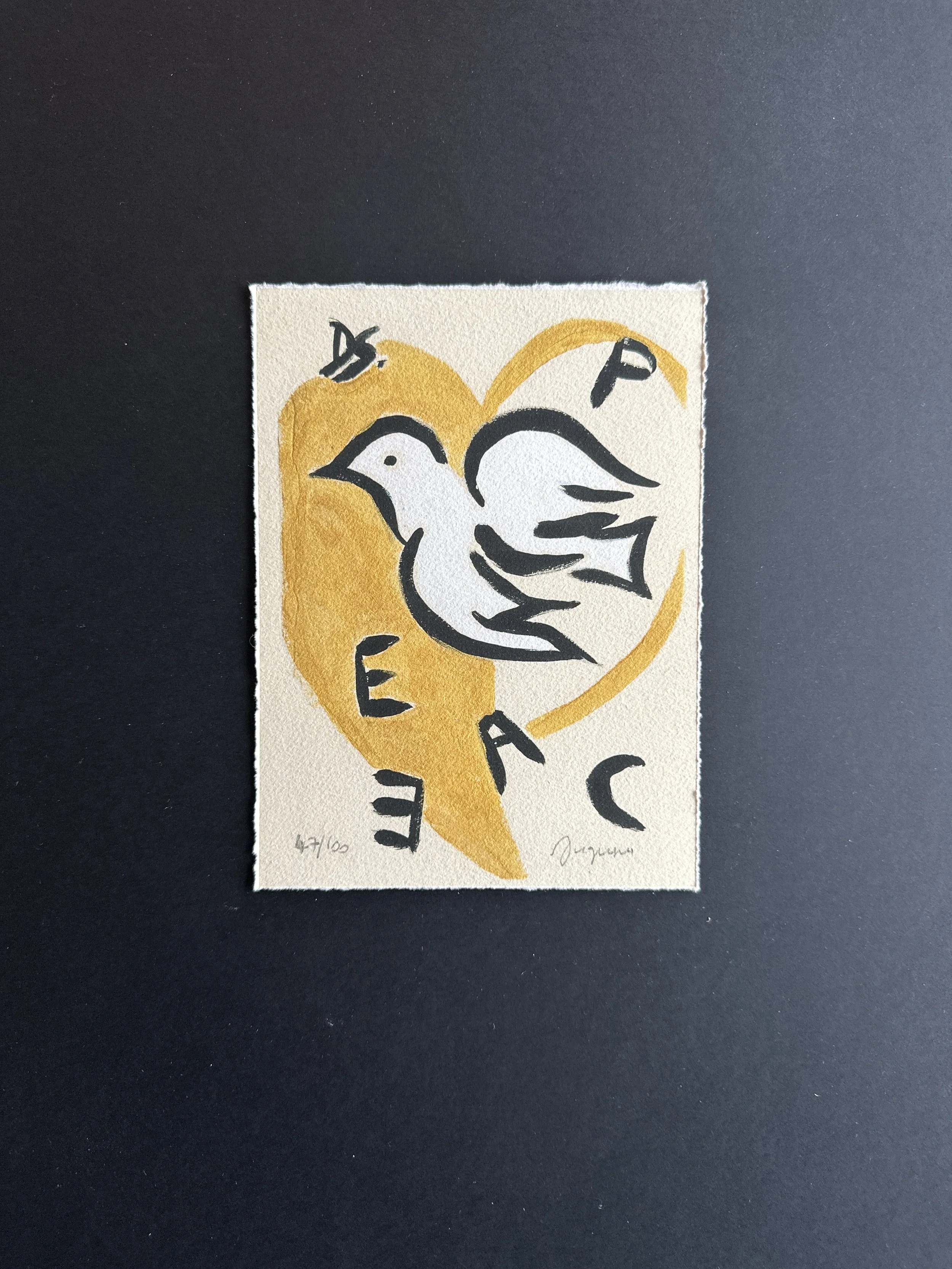 "Peace"
18,5 x 14 cm (72.83 x 5.51 inches)
Edition numérotée et signée, 100 exemplaires
Papier aquarelle 210 gr.
Prix : 20 €