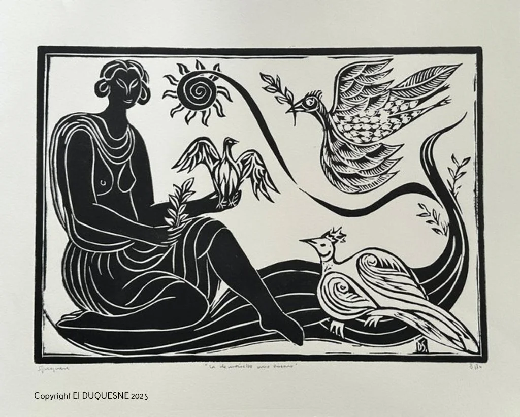 REF LINO 04/2025
"La demoiselle aux oiseaux"
50x 40 cm (19.68 x 15.74 inches)
Linogravure originale
Prix : 160 €