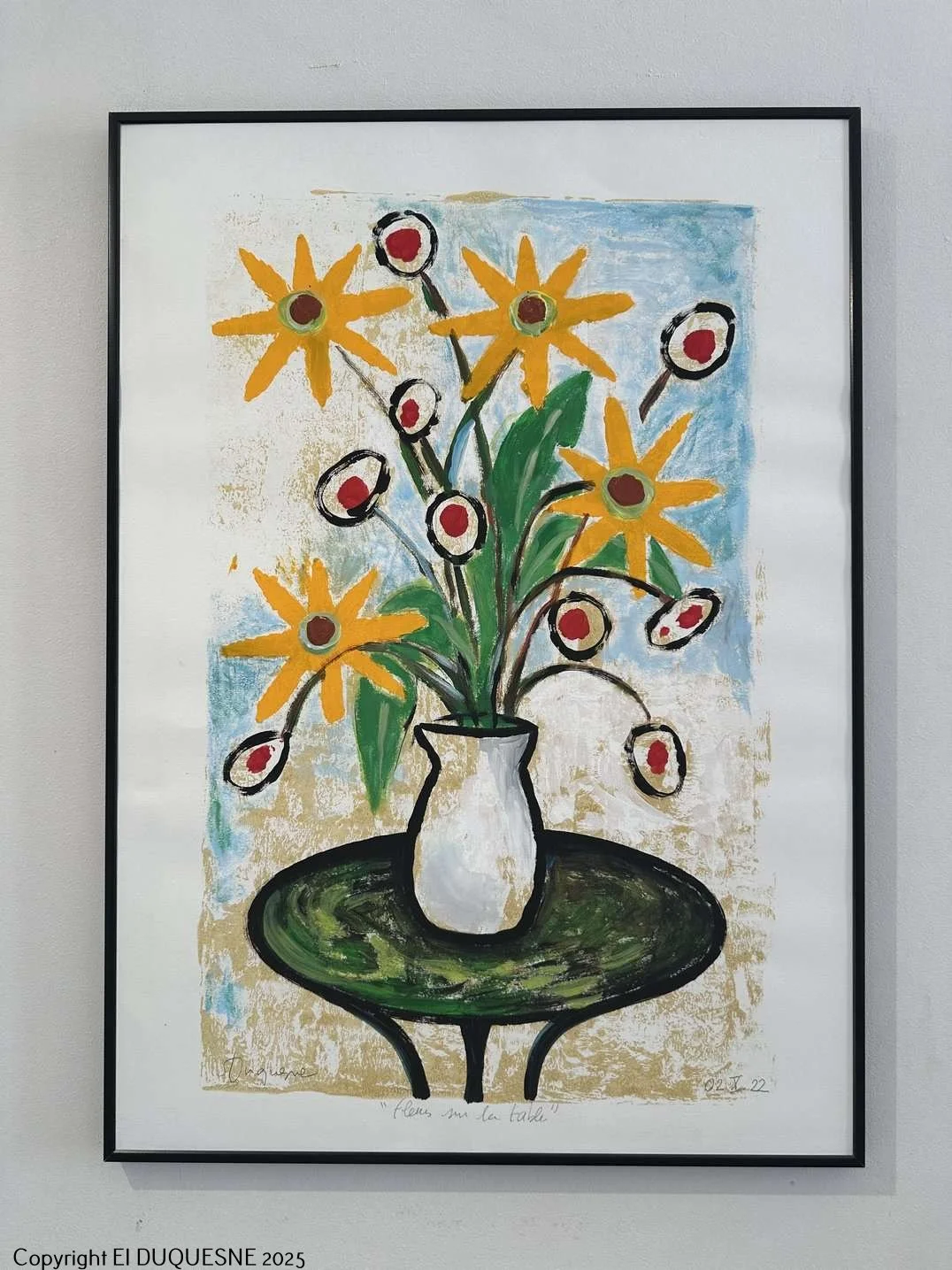 "FLEURS SUR LA TABLE", peinture sur papier