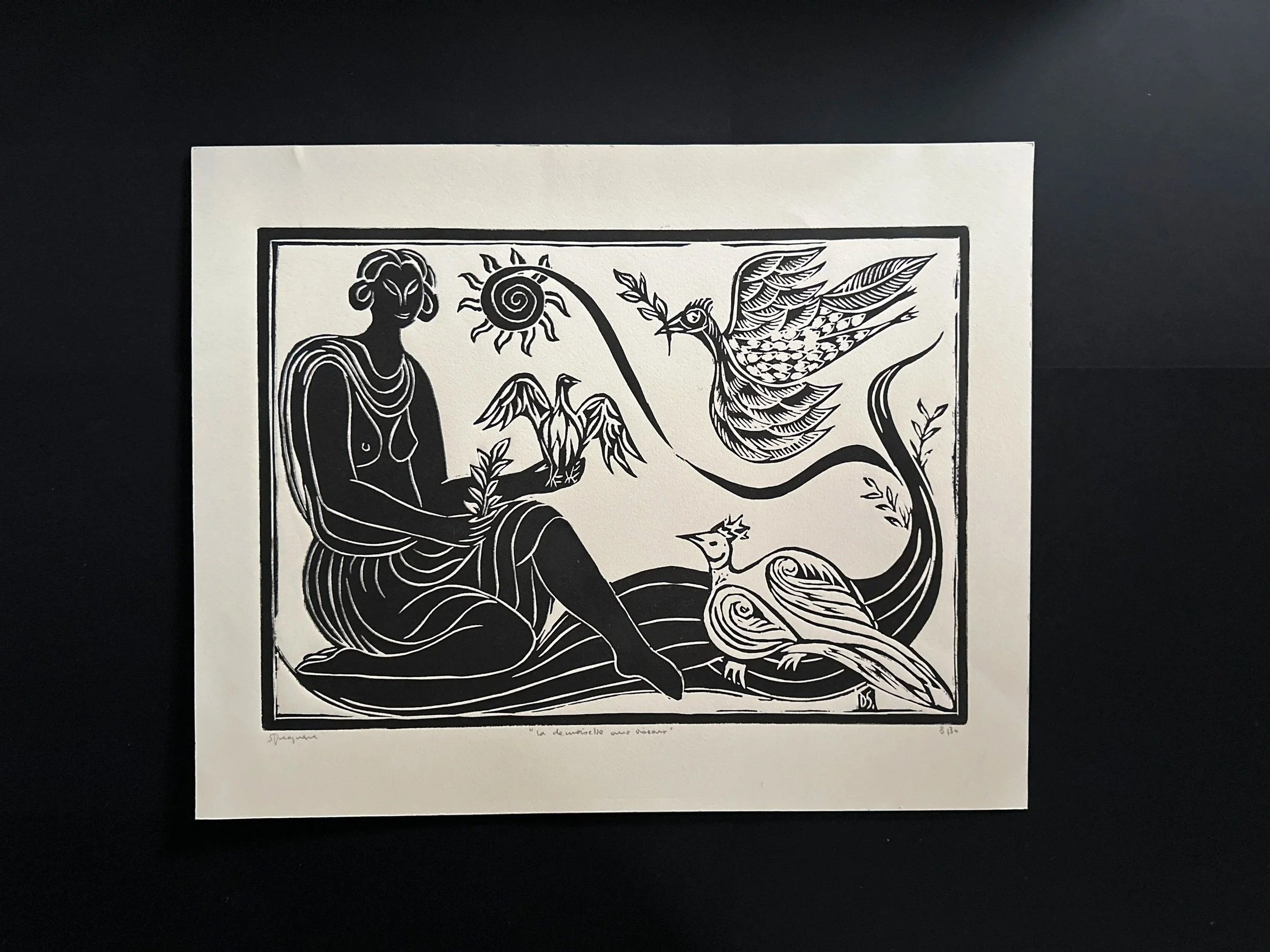 "La demoiselle aux oiseaux", linogravure originale