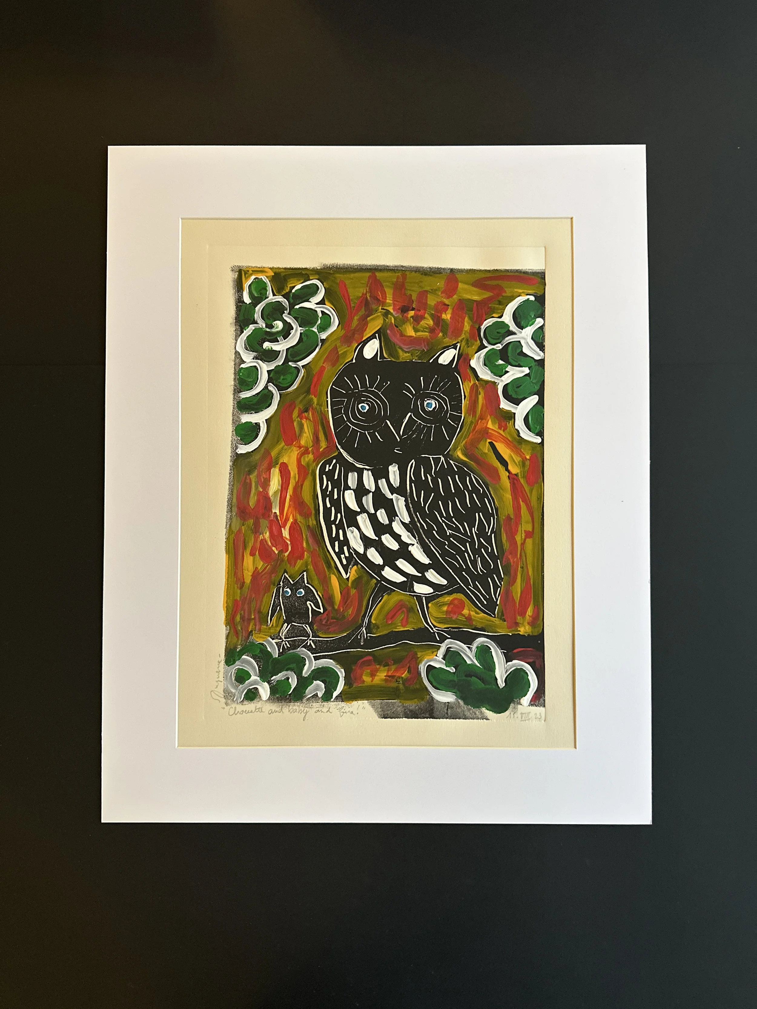 "CHOUETTE AND BABY AND FIRE", peinture sur papier