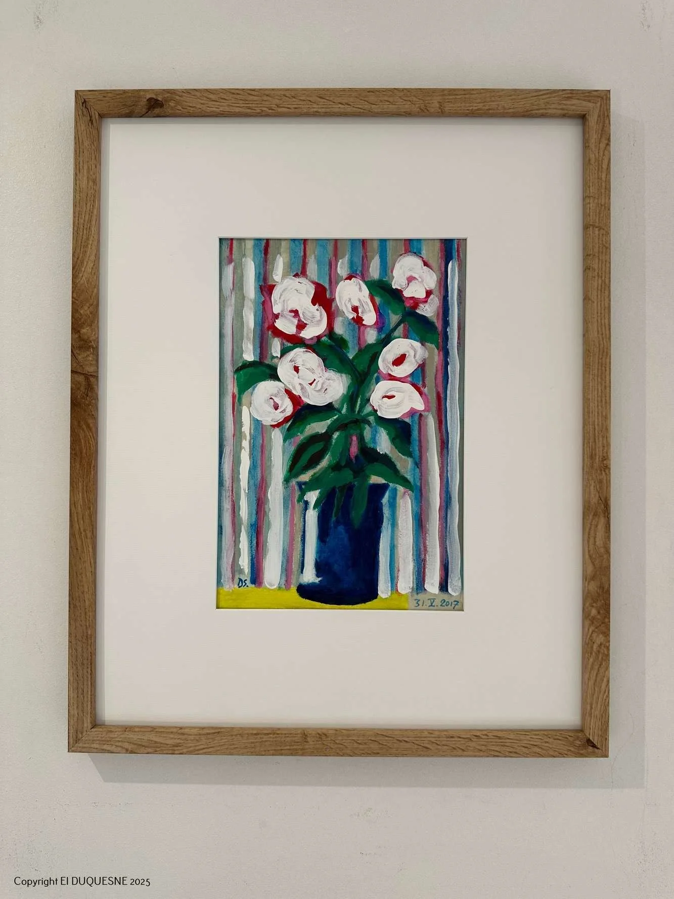 "FLEURS BLANCHES,VASE BLEU", peinture sur papier