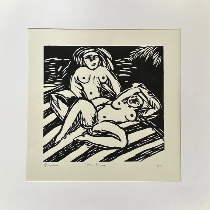 "Deux femmes", gravure sur bois