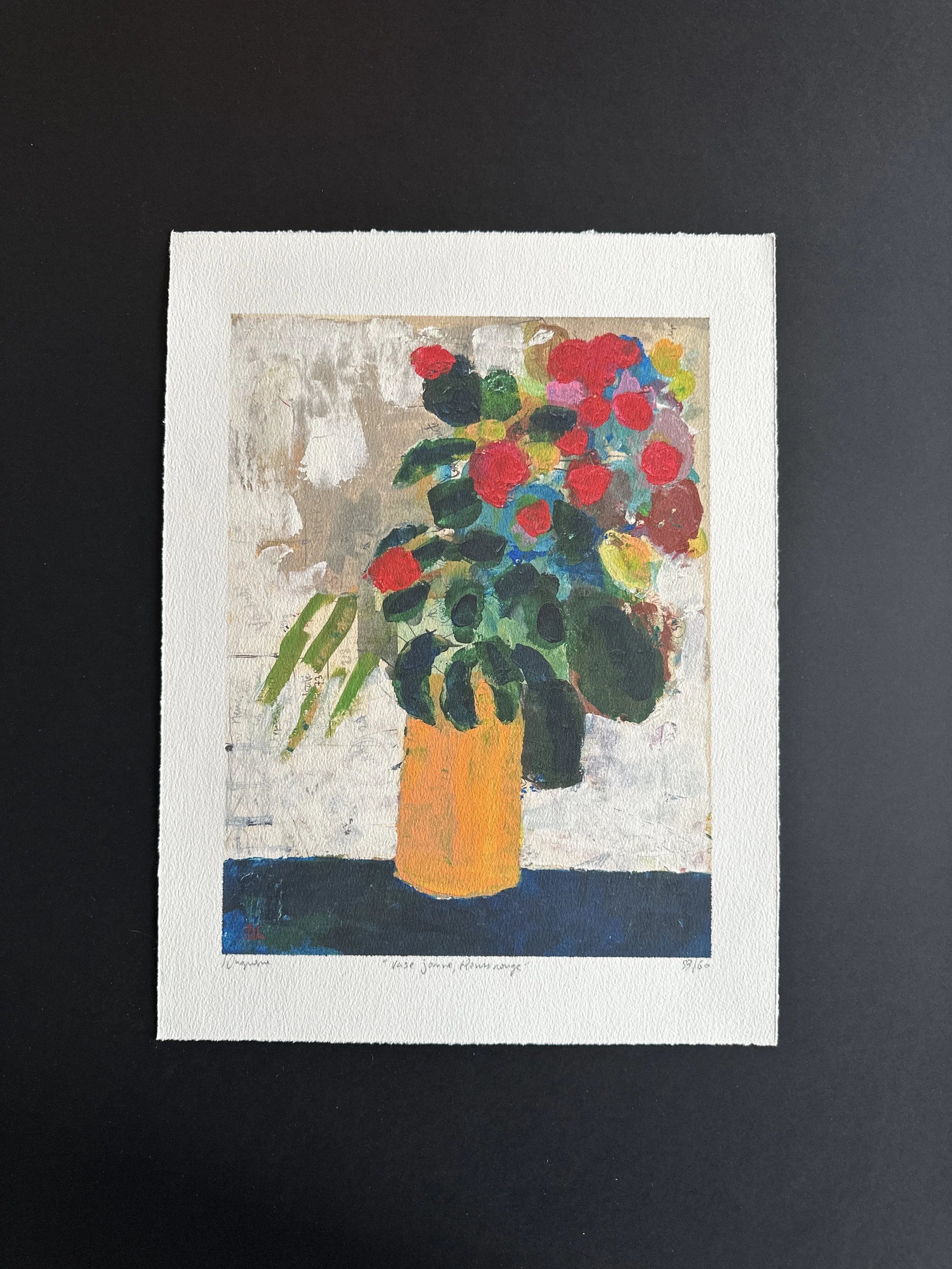 "Vase jaune, fleurs rouges", édition