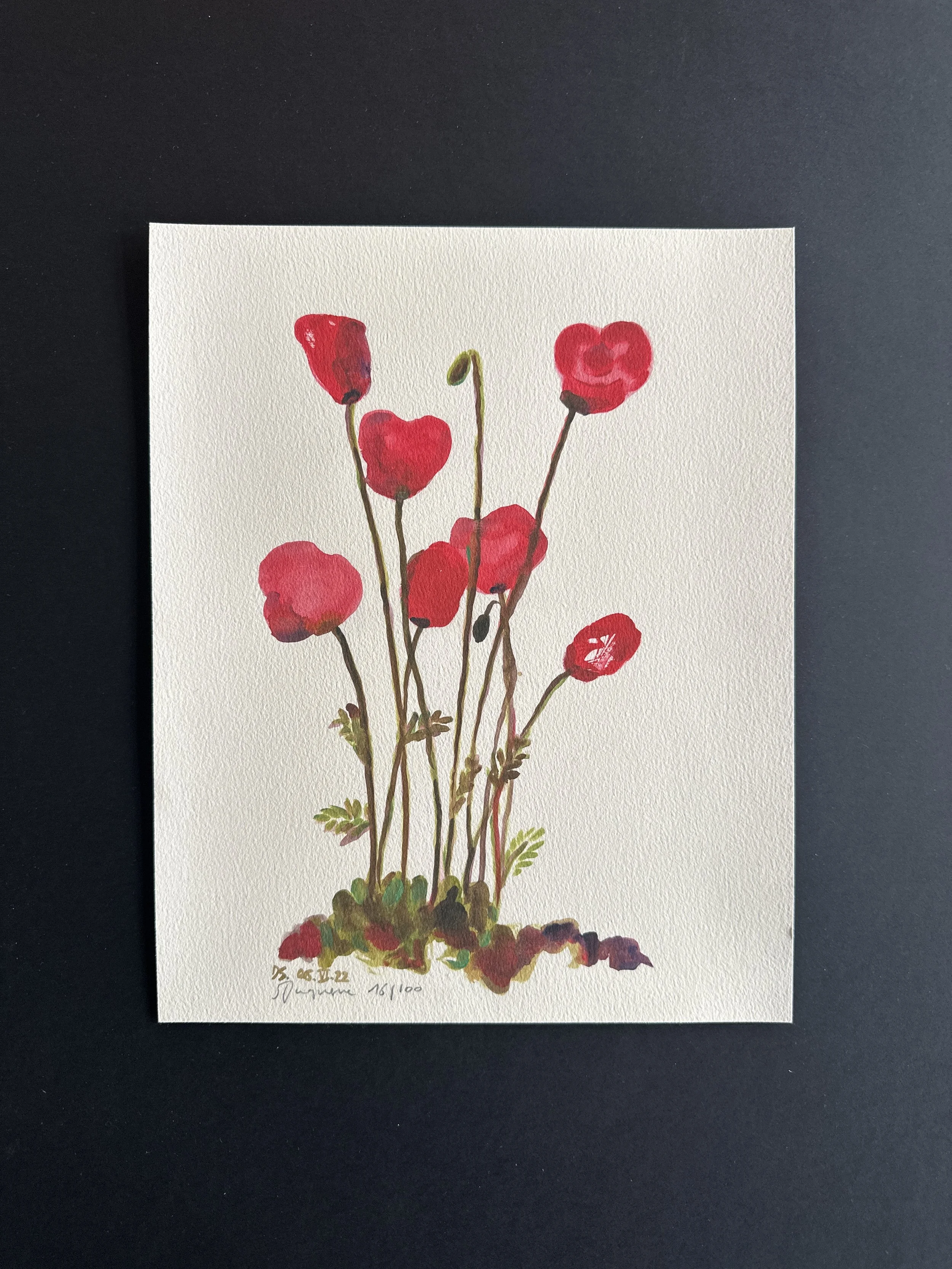 "Coquelicots"
30 x 24 cm (11.81 x 9.44 inches)
Edition numérotée et signée, 100 exemplaires
Papier aquarelle 210 gr.
Prix : 30 €