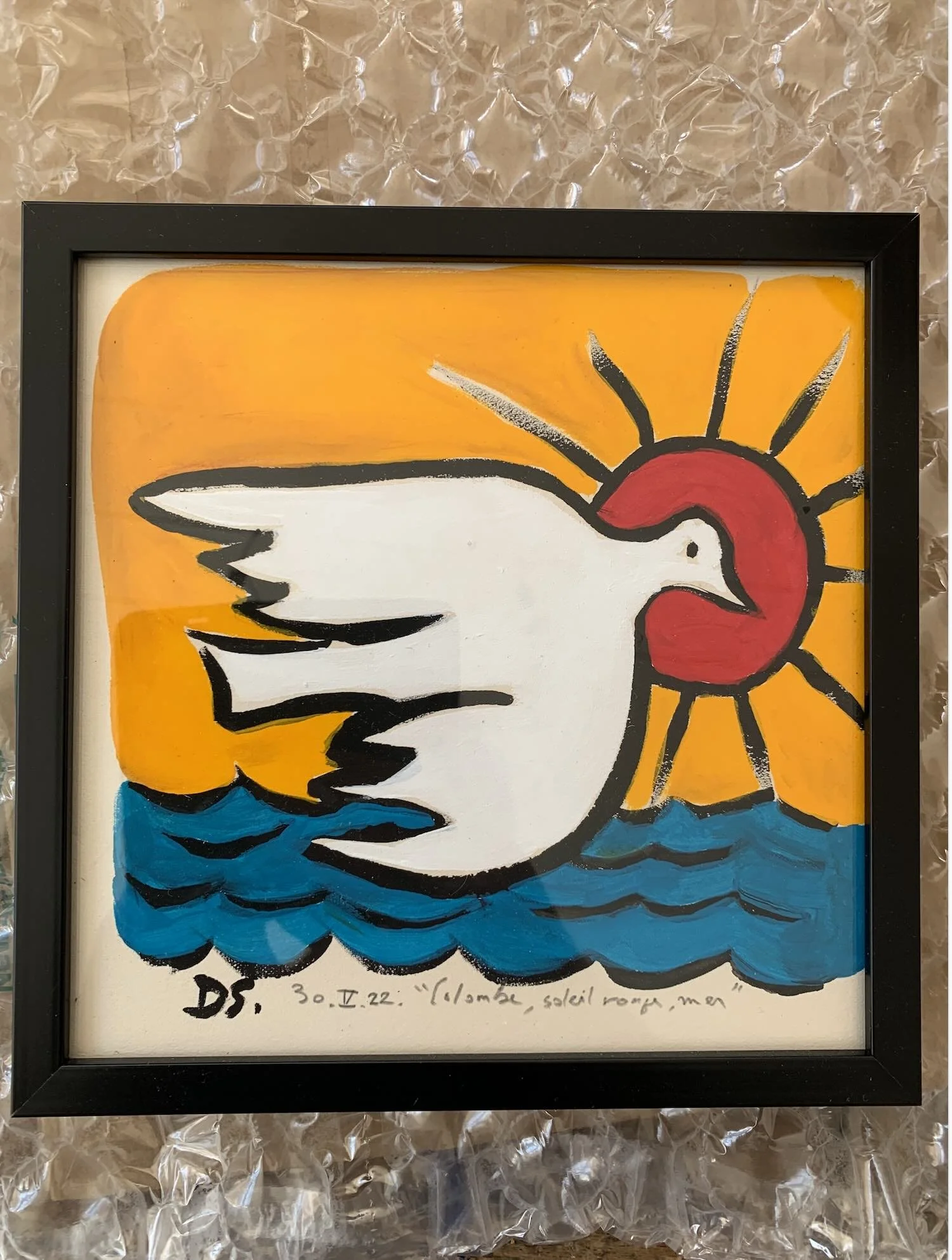 Colombe, soleil rouge,mer
