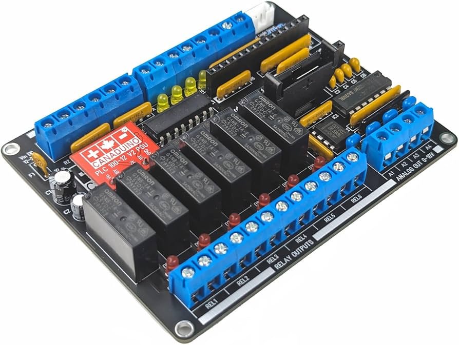 Electronic relay control module with blue terminal blocks, black relays, and yellow components on a black circuit board.