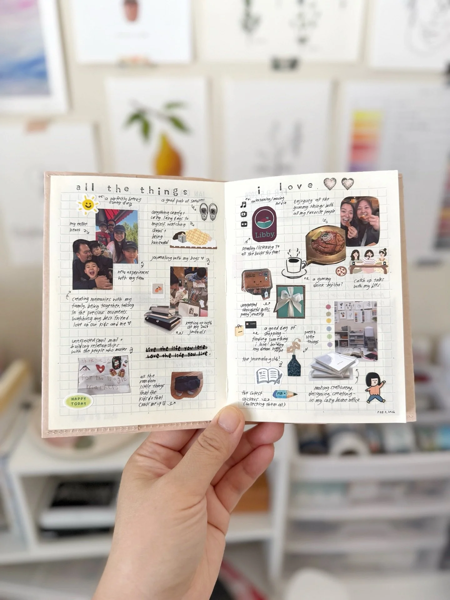 One of the journal prompts for February&rsquo;s Little Moments Journaling Club mail was to make a spread capturing all the things you love. I loved putting this spread together and every time I look back on it, it makes me smile 🙂

Each month&rsquo;