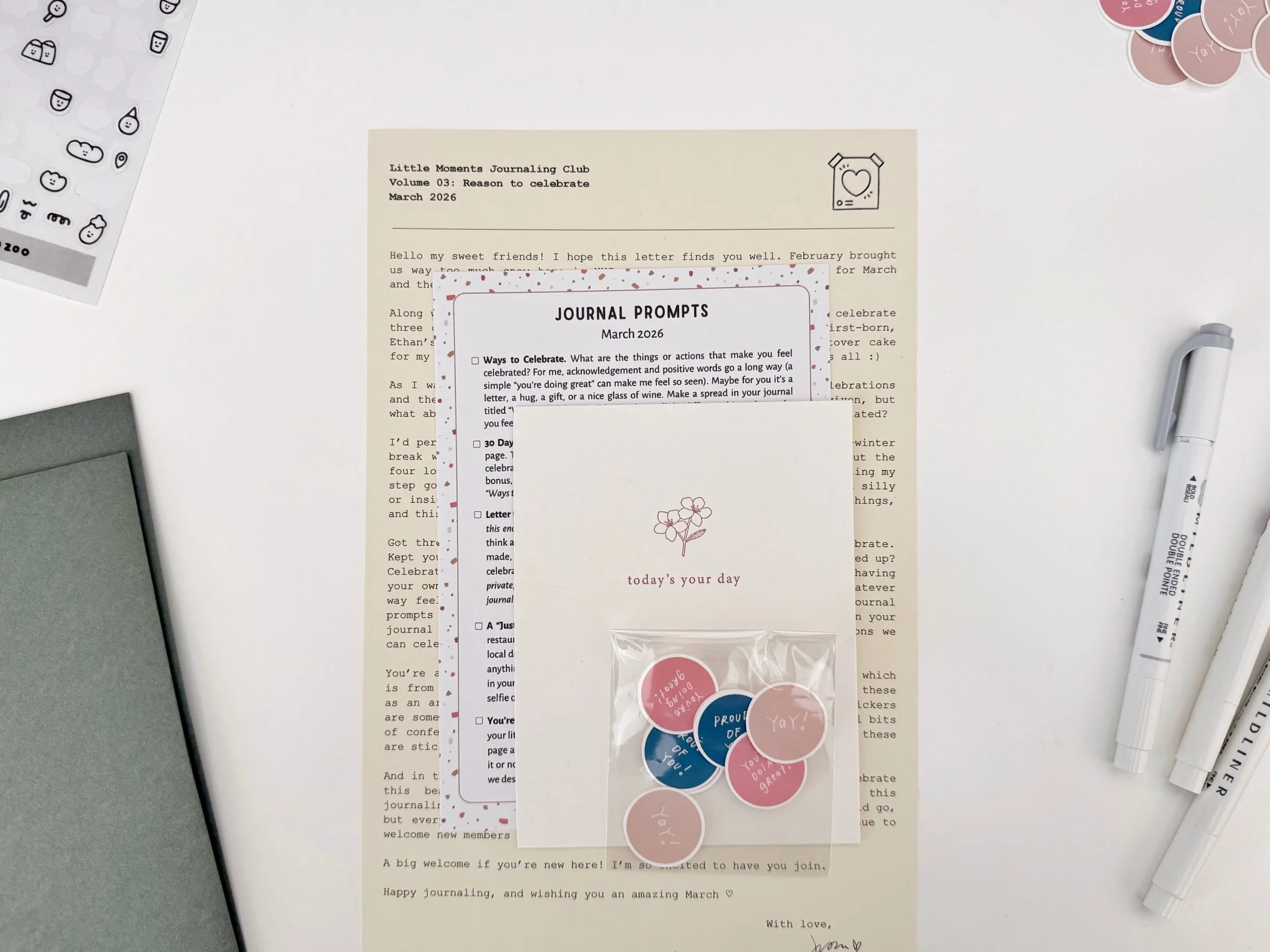 Still playing catch up!

March&rsquo;s mail for the Little Moments Journaling Club was a fun one &ndash; it&rsquo;s a month with lots of celebrations for our family, so that inspired the theme for the month, which was &ldquo;Reason to celebrate&rdquo