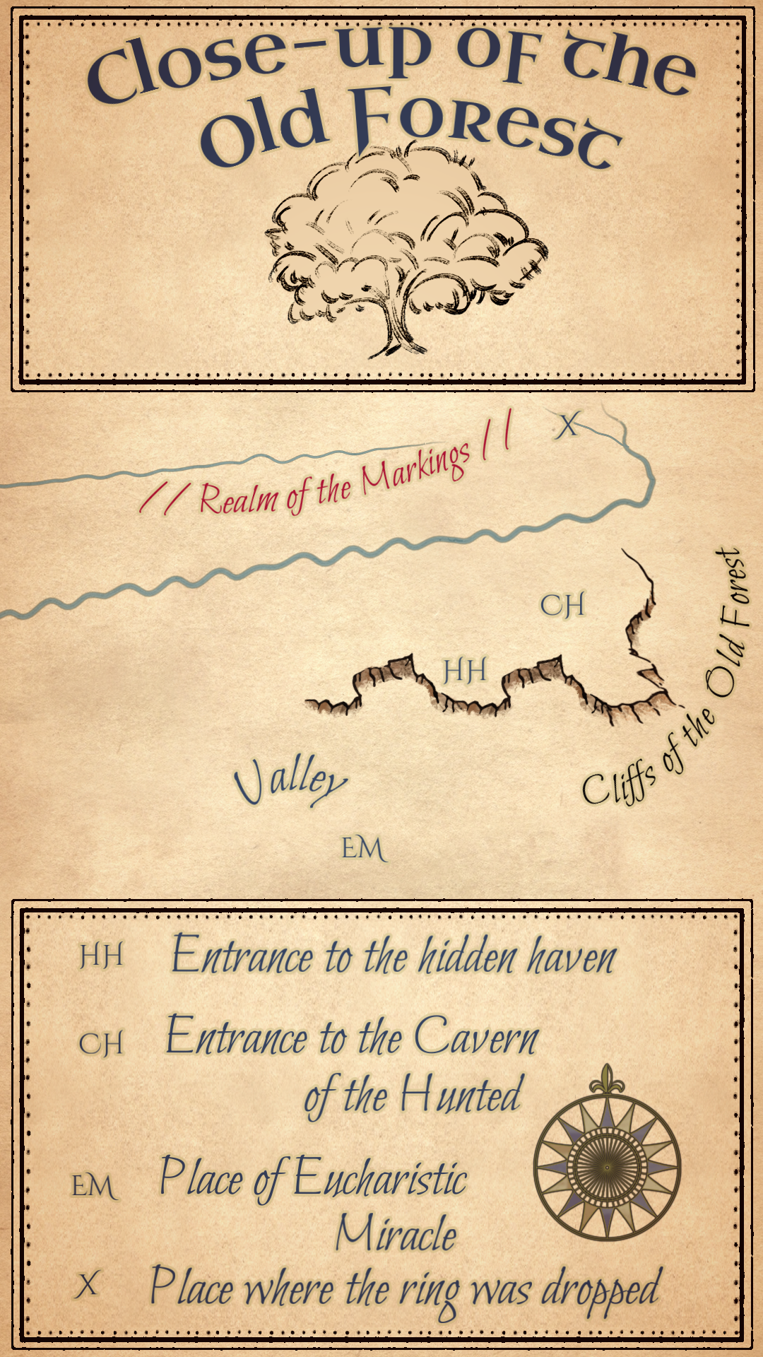 Map titled "Close-up of the old Forest" showing a fantasy landscape with a river labeled "Realm of the Markings" at the top, a valley, cliffs of the old forest, and various marked entrances: to the hidden haven, to the caverns of the hunted, and the