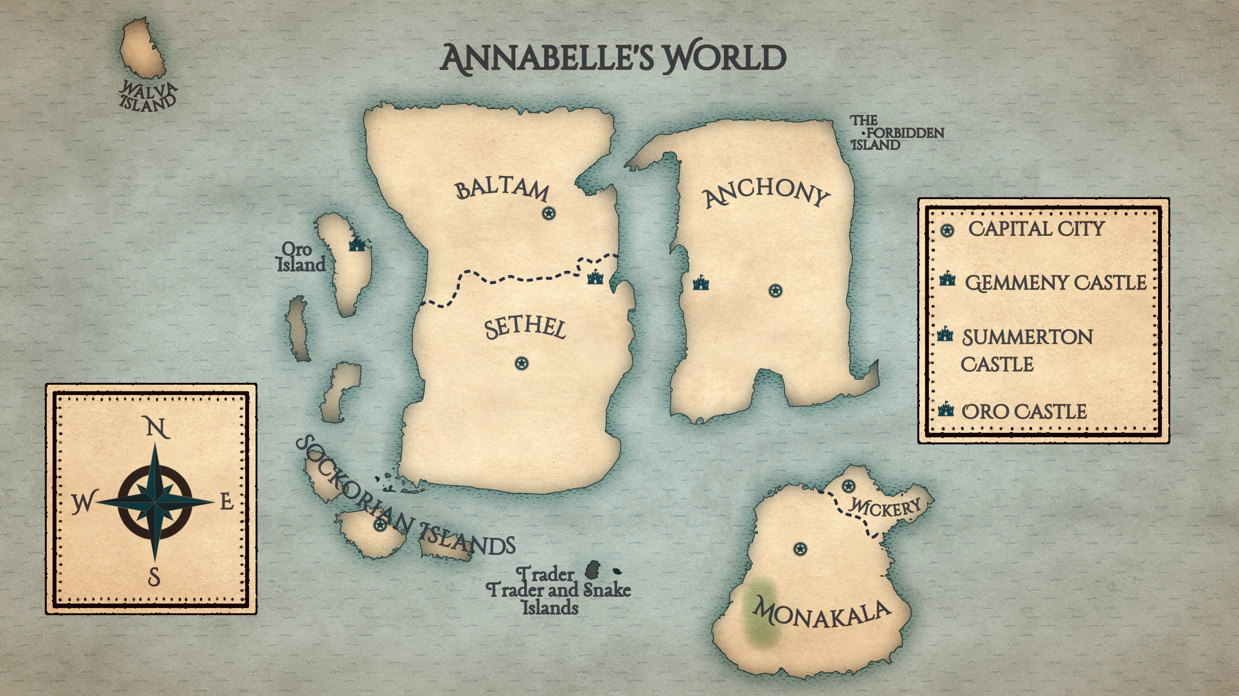 Map of Annabelle's World showing various islands and regions, with symbols marking the locations of capital cities and castles, including Gemmery Castle, Summerton Castle, and Oro Castle.