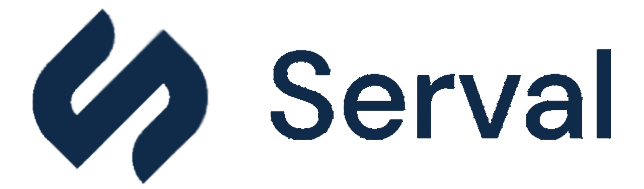 Serval logo with a stylized blue animal head and the word 'Serval' in blue text