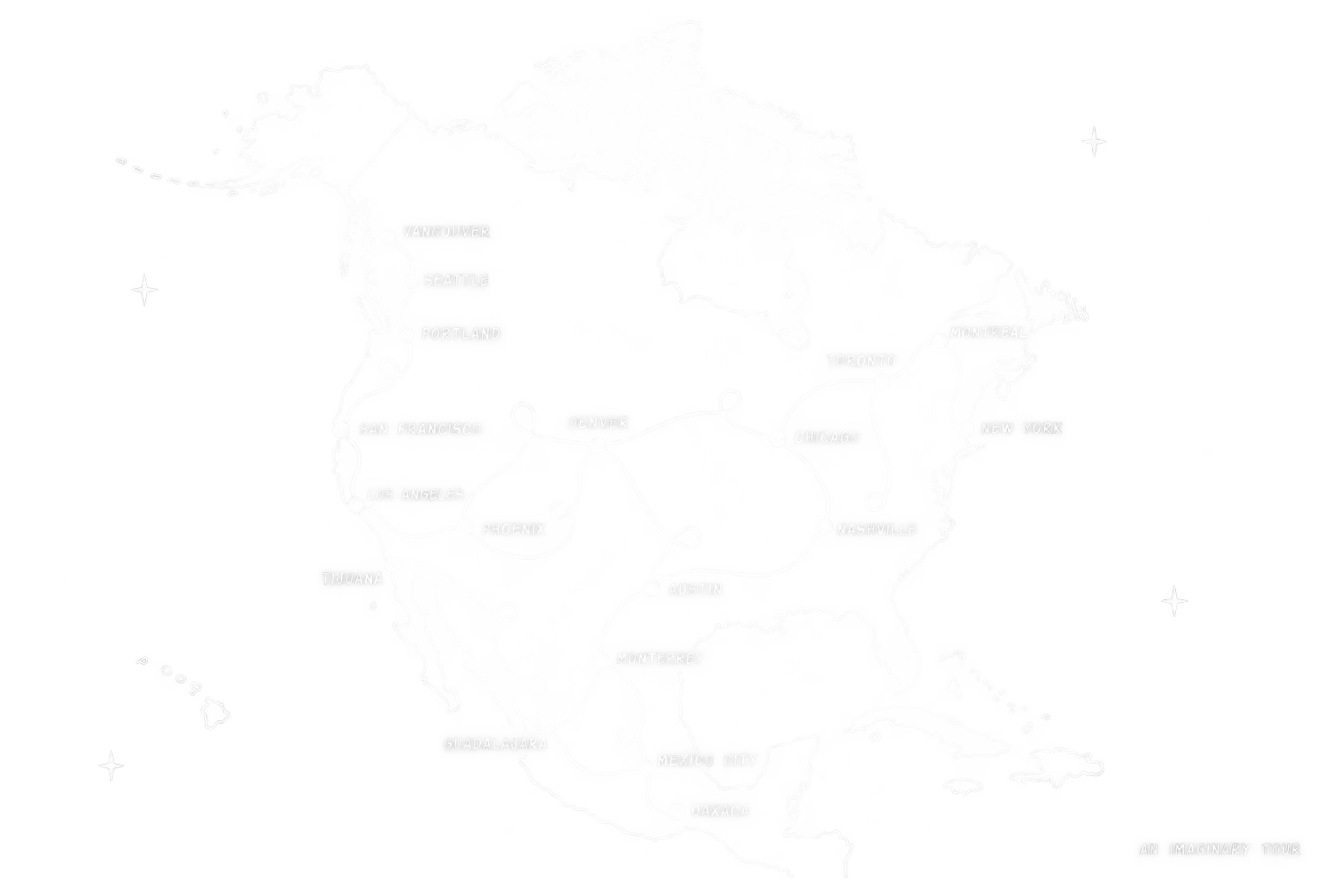 Playful white outline map of North America with city labels and a winding imaginary tour route