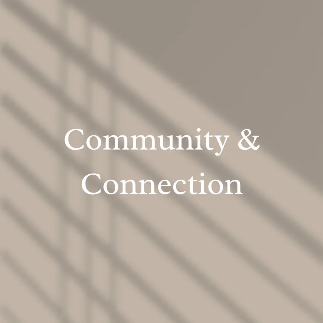 Soft light and shadow with text reading ‘Community & Connection,’ symbolizing healing, belonging, and shared recovery at Spring EOP.