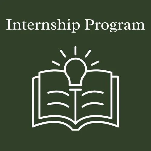 Green background with white text stating 'Internship Program' and a white outline of an open book with a lightbulb above it.