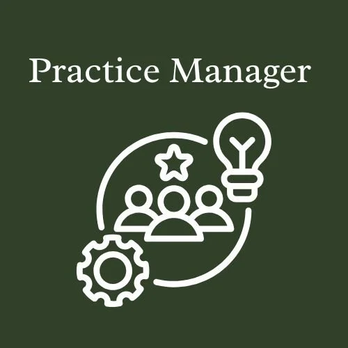 Practice Manager logo with icons of a gear, three people, a star, and a lightbulb on a green background.