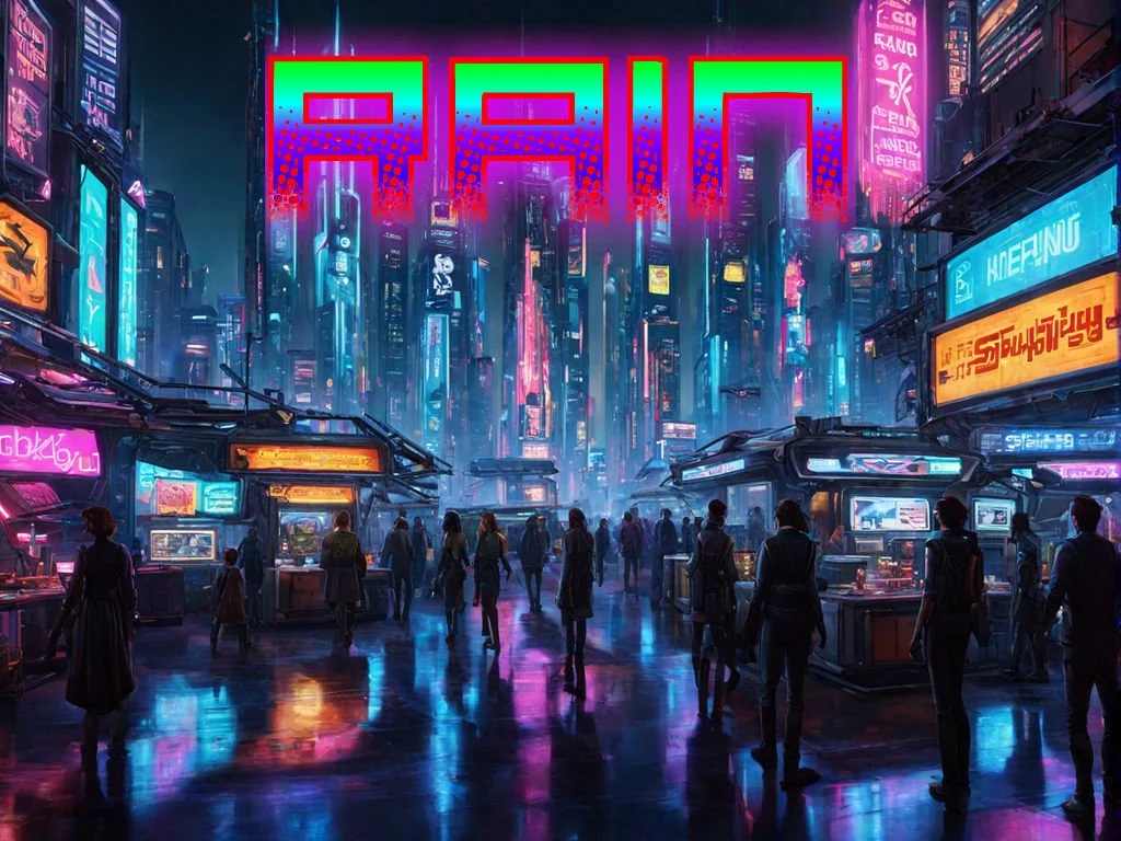 A futuristic city street scene at night with neon signs, tall skyscrapers, and people walking on the wet pavement reflecting the colorful lights.