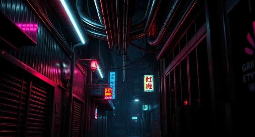 Neon signs in Asian script illuminate a narrow alleyway at night with rain, featuring colorful lights and weathered walls.
