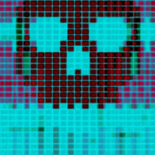 Pixelated image of a smiling skull face in teal and purple colors.