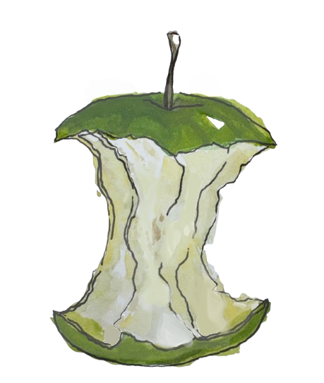 A drawing of an apple core with green apple skin at the top and bottom, and the inner flesh exposed in the middle, with a small piece of stem at the top.