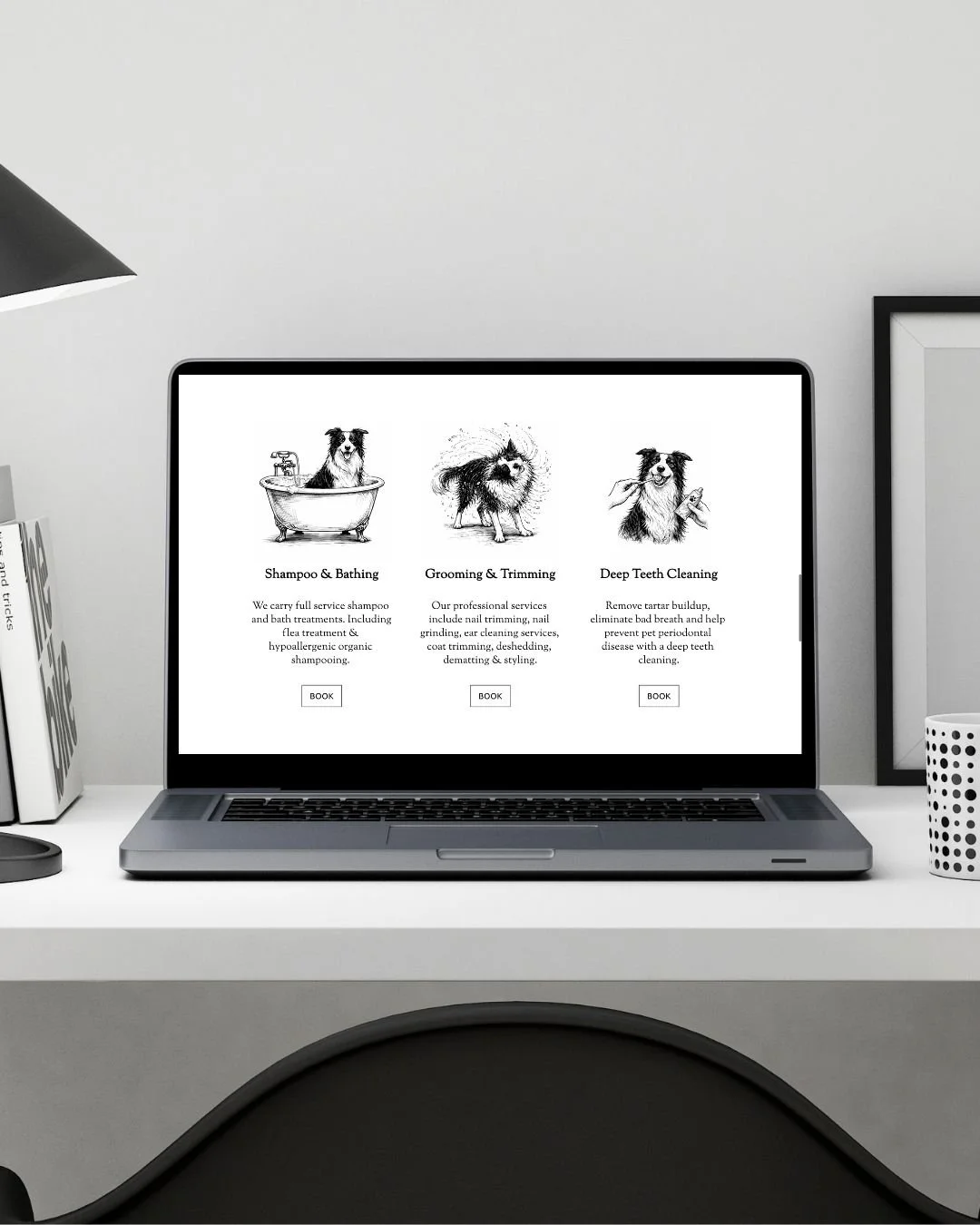 dog grooming services section of website designed by Pixels Unleashed displayed on laptop