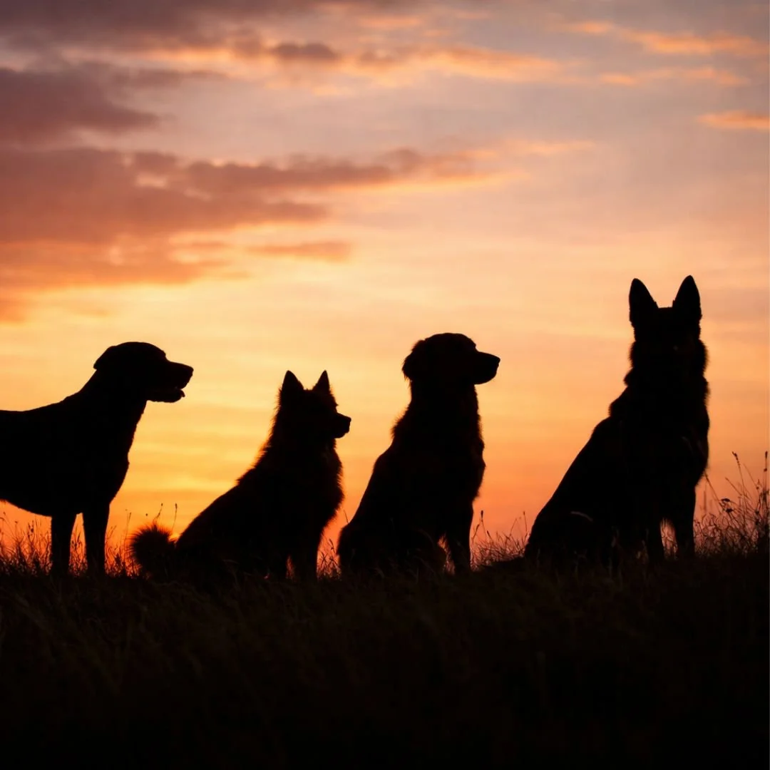 dogs in sunset silhouette