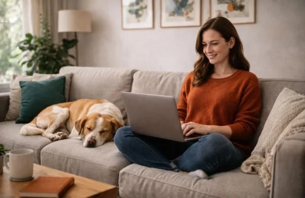 woman on laptop sitting with sleeping dog