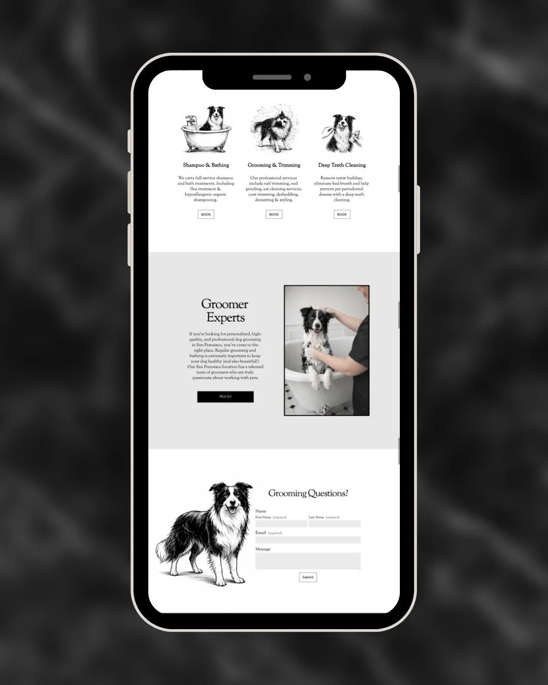 dog groomer website design by Pixels Unleashed displayed on smartphone