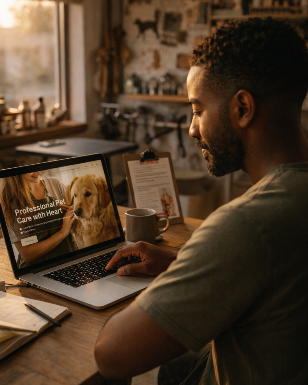pet business owner looking at pet business website on laptop