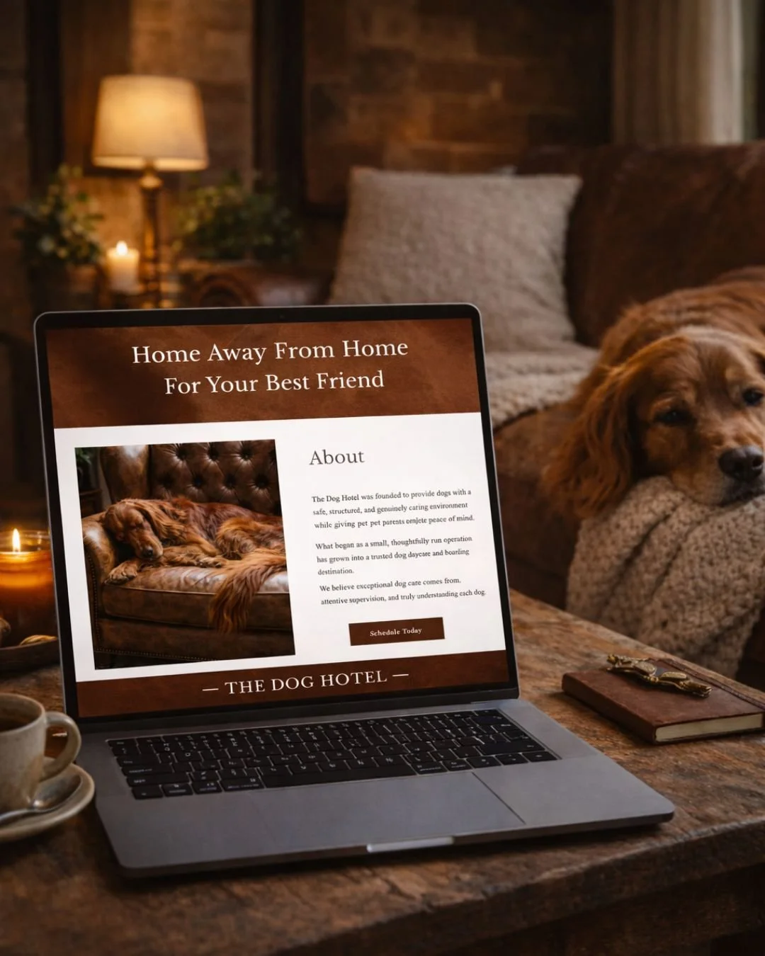 pet care business website design by Pixels Unleasheddisplayed on laptop screen in cozy living room with sleeping dog