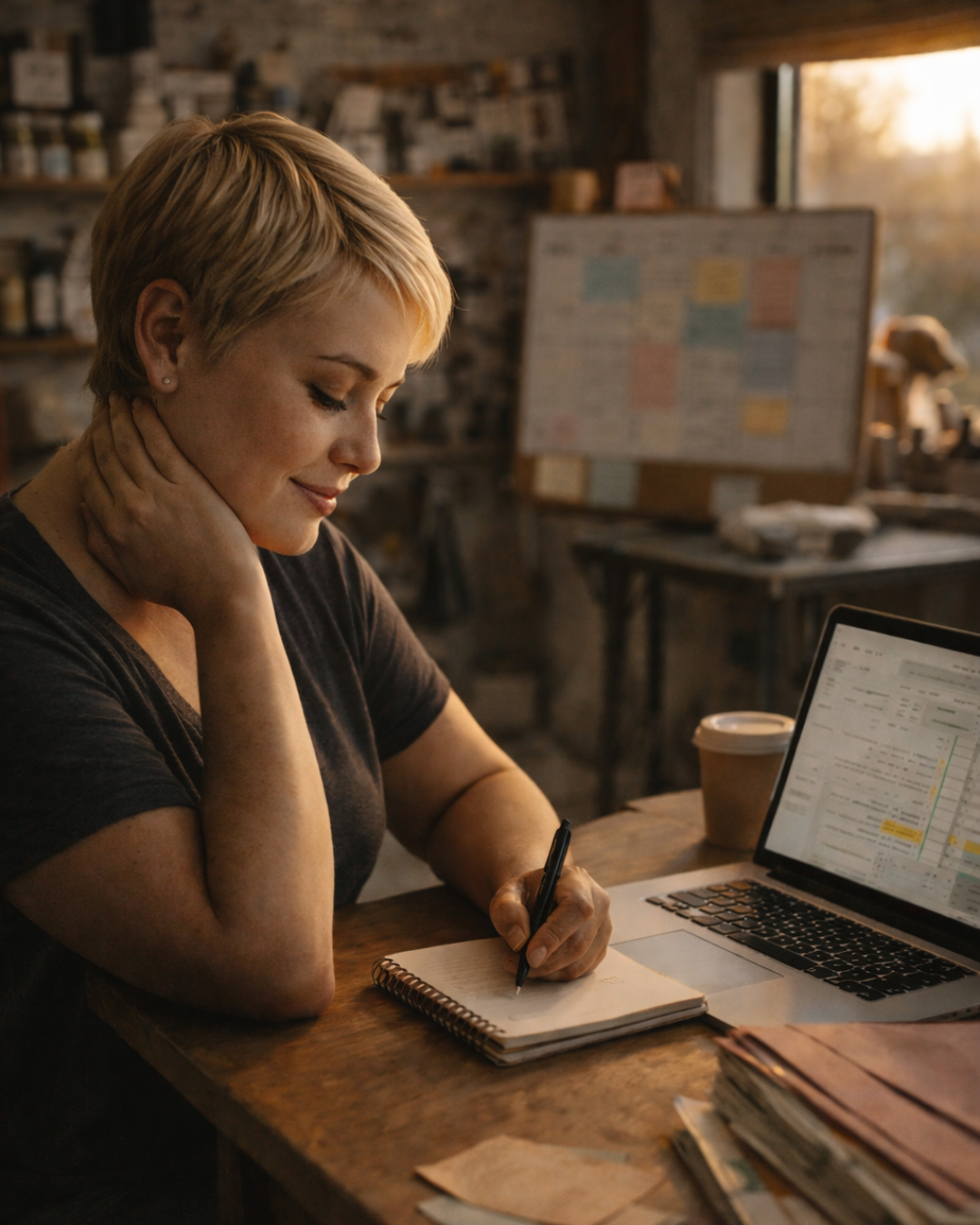 female pet business owner writing in heer office