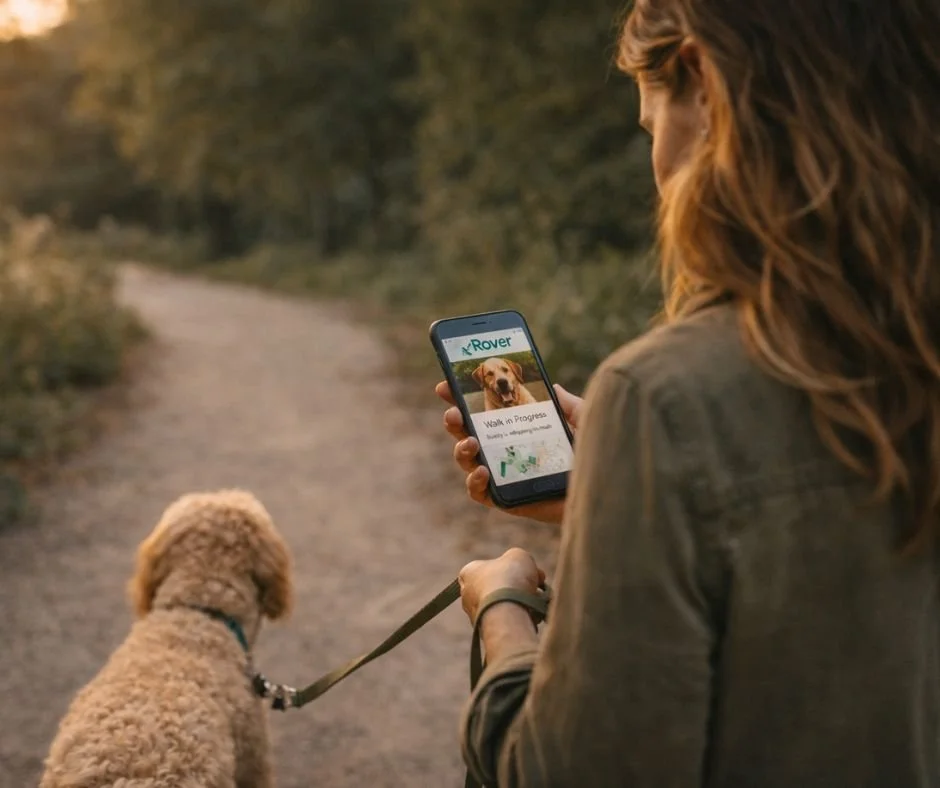 dog walker looking at rover app