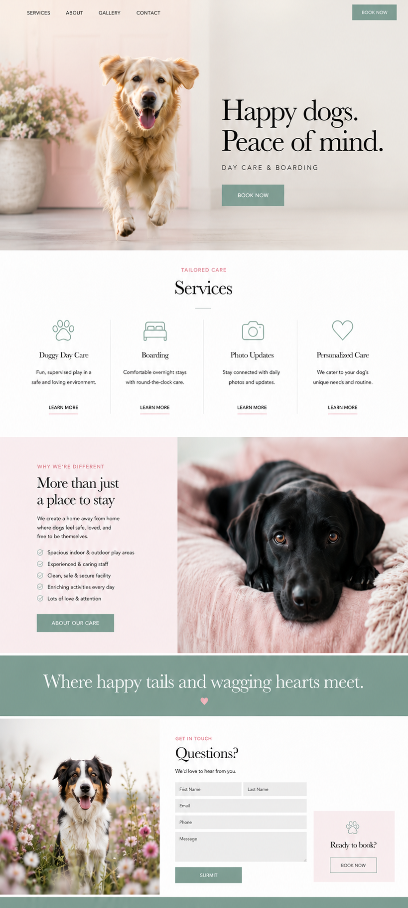 dog boarding website homepage layout designed by Pixels Unleashed